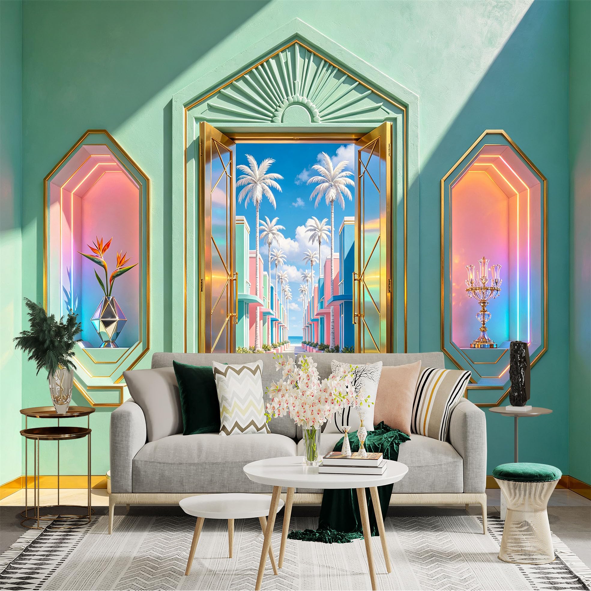 Custom Size Wall Sticker Mural， Pastel Tropical Palm Street and Luxury Doorway， for wall Decoration， peelandstick wall Decals.