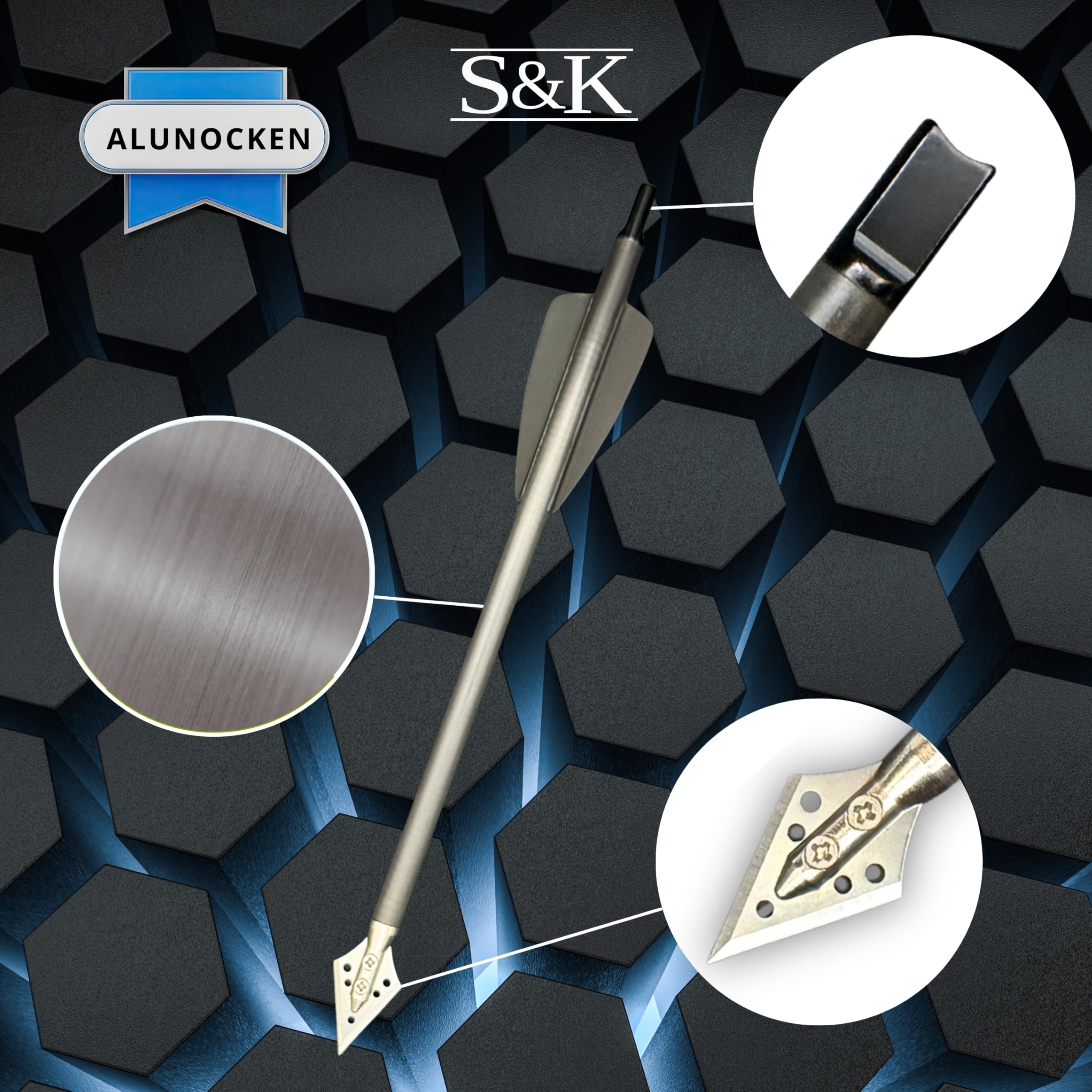 S&K - 5X Carbon Jagdpfeile, Alunocken, 7,5" für Cobra Adder, R9, RX, R10 – Made in Germany – Hochpräzise Armbrustbolzen mit Edelstahl-Jagdklinge & Aluminium-Nocke – 15g