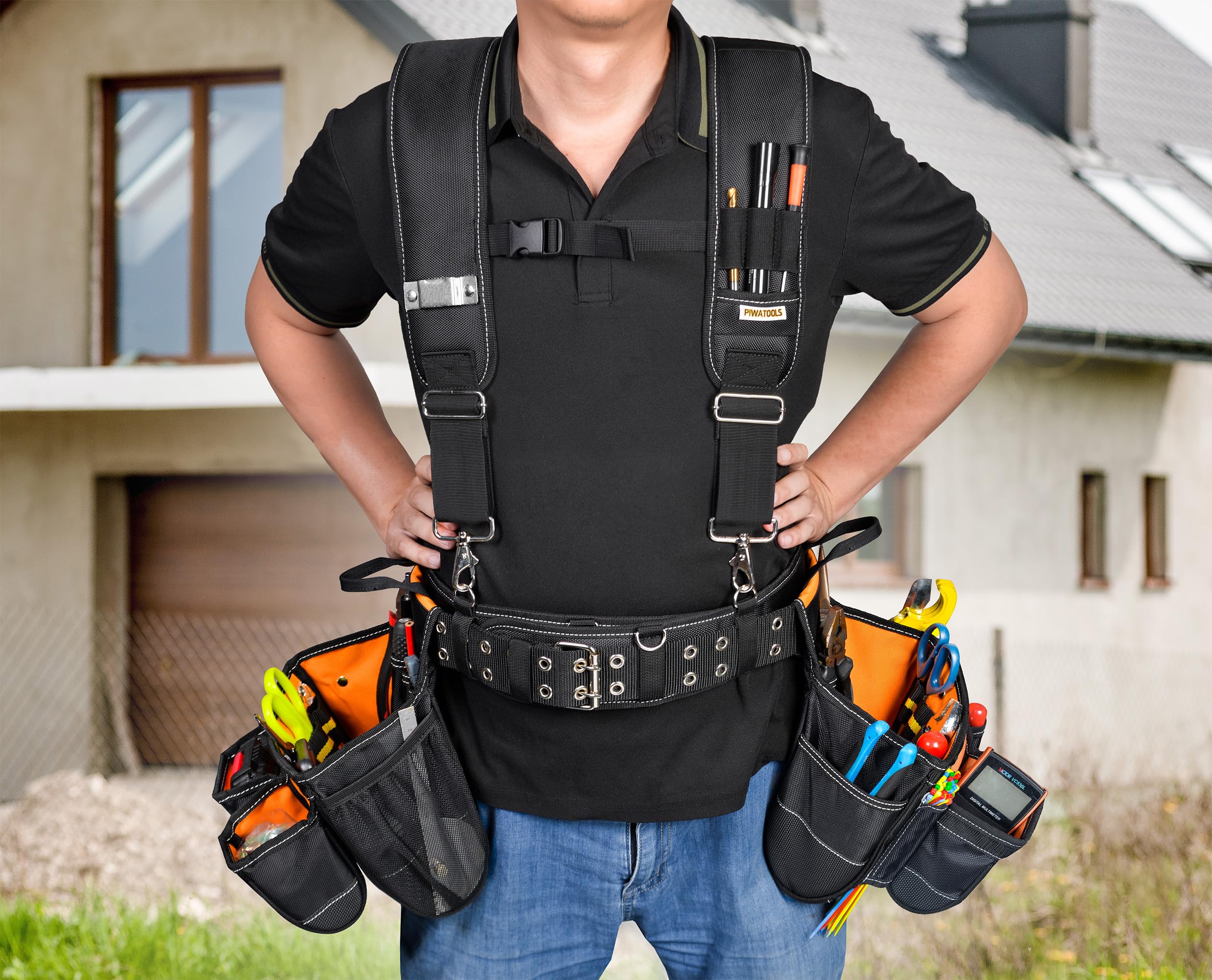 Werkzeuggürtel-Hosenträger für Herren, gepolstert, für Tischler, Bauarbeiten, Elektriker, Arbeit, Hosenträger mit 4 Befestigungsschlaufen (schwarzer Werkzeuggürtel, 7 Stück, Taille 91,4–127