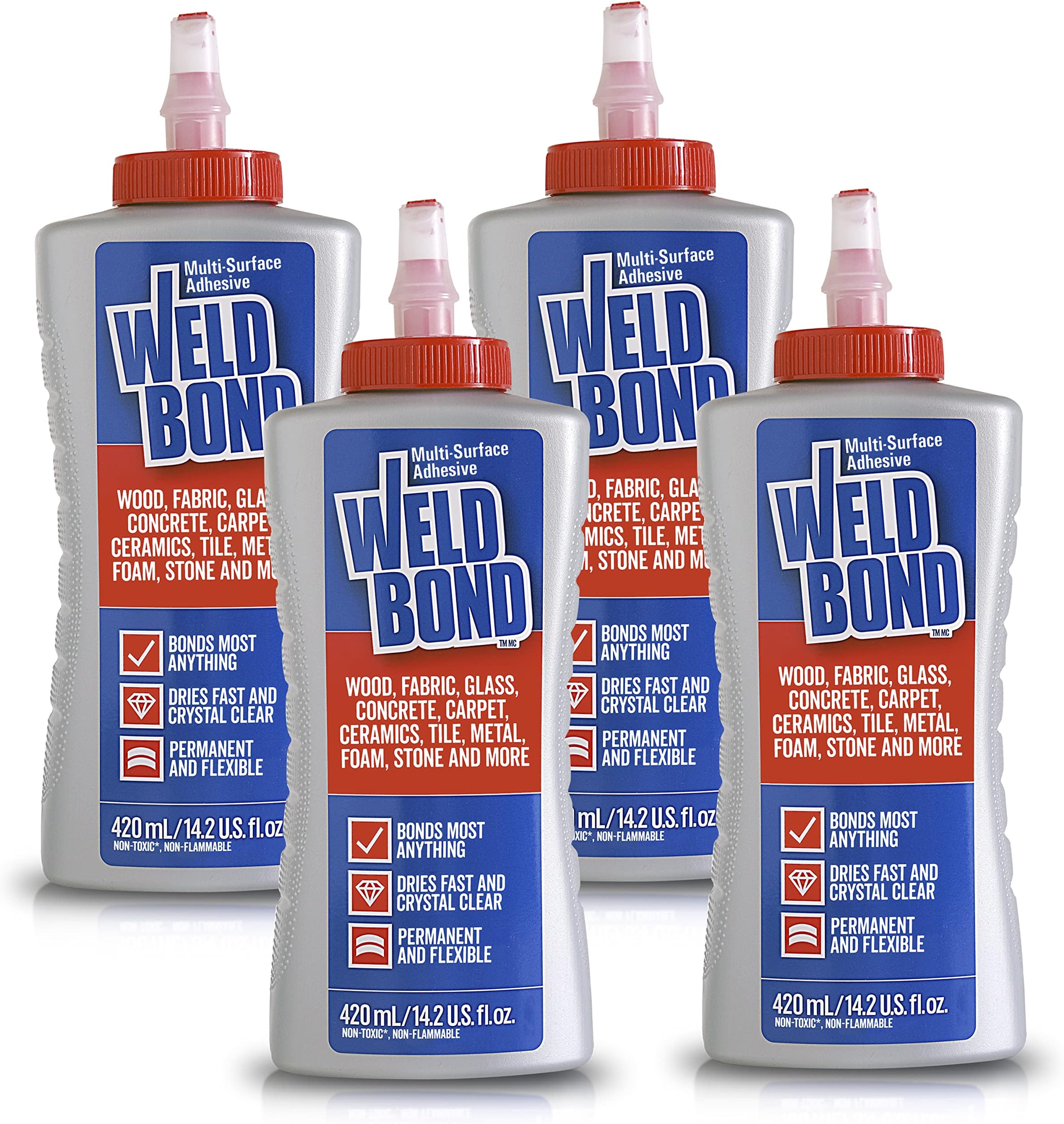 Weldbond Multi-Surface Strong Glue – Fast Drying Glue for Wood, Tile, Ceramic, Pottery, Glass, Metal & More – Heavy Duty Adhesive for Mosaic, Crafts, Wood Working & Repairs – 14.2oz (420ml), 4 Pack