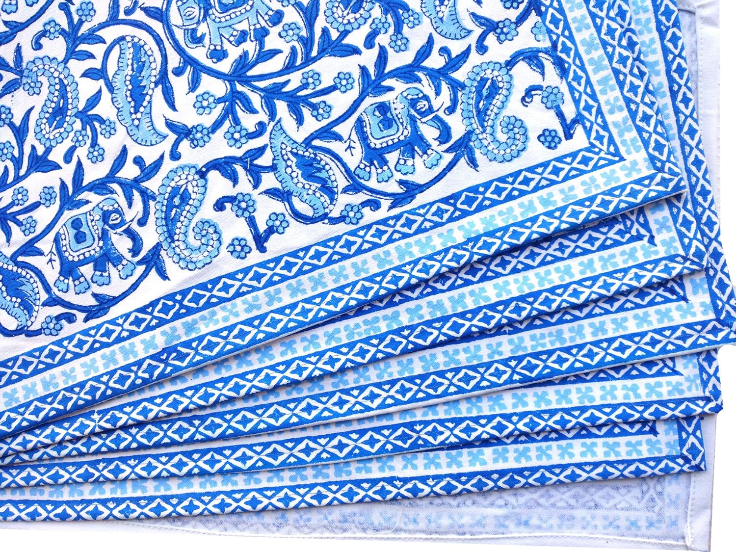Rastogi Handicrafts Hand Block 100% Cotton Indian Style Theme Dining Table Mats and Napkins Set of 6 Place-mats Runners (Blue 2)
