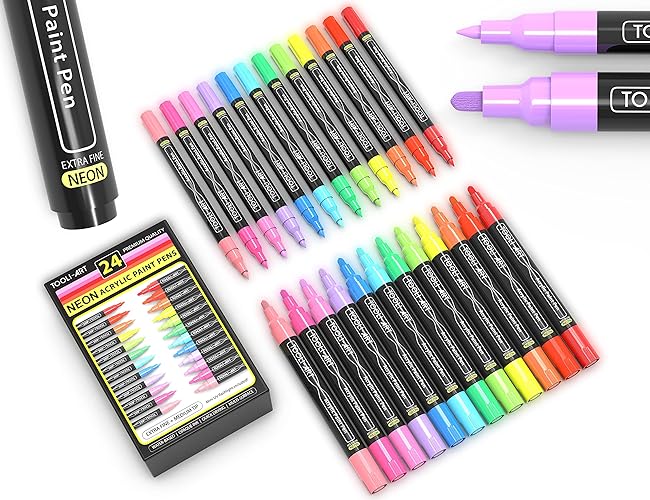 TOOLI-ART Acrylic Paint Markers Paint Pens Special Colors Set Extra Fine And Medium Tip Combo For Rock Painting, Canvas, Fabric, Glass, Mugs, Wood, Ceramics, Plastic, Multi-Surface. Non Toxic, (NEON) - NEON