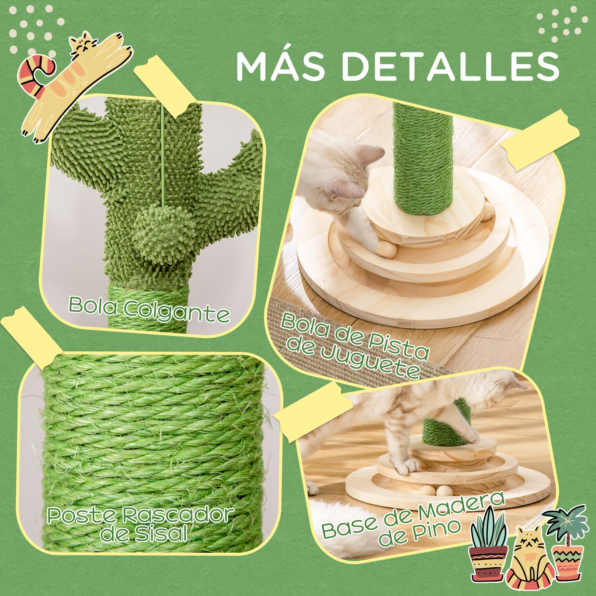 PawHut Poste Rascador para Gatos en Forma de Cactus 32x32x60 cm Verde | Pequeño Árbol Rascador para Gatos, Poste de Sisal y Felpa, Pelota Colgante, Base con Juego de Madera