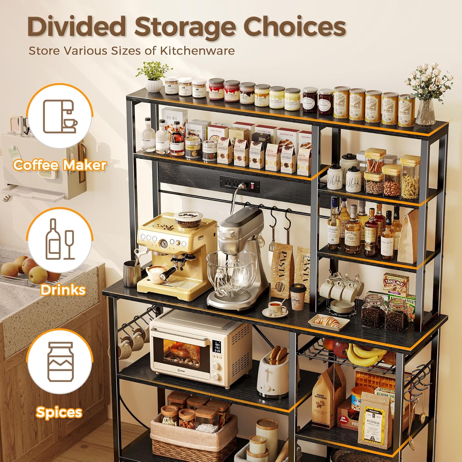 SUPERJARE Larger Bakers Rack with Power Outlets, 6-Tier Microwave Stand, Coffee Bar with 12 S-Shaped Hooks, Kitchen Shelf with Wire Basket, 47.2 x 15.5x 66.9 Inches, Black 47.2inch Black image 5 of 8 B0FC2RG6RV