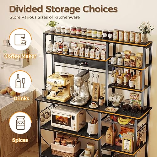 Miniatura 53 de SUPERJARE Estante grande para panaderos con tomas de corriente, soporte de microondas de 6 niveles, barra de café con 12 ganchos en forma de S,