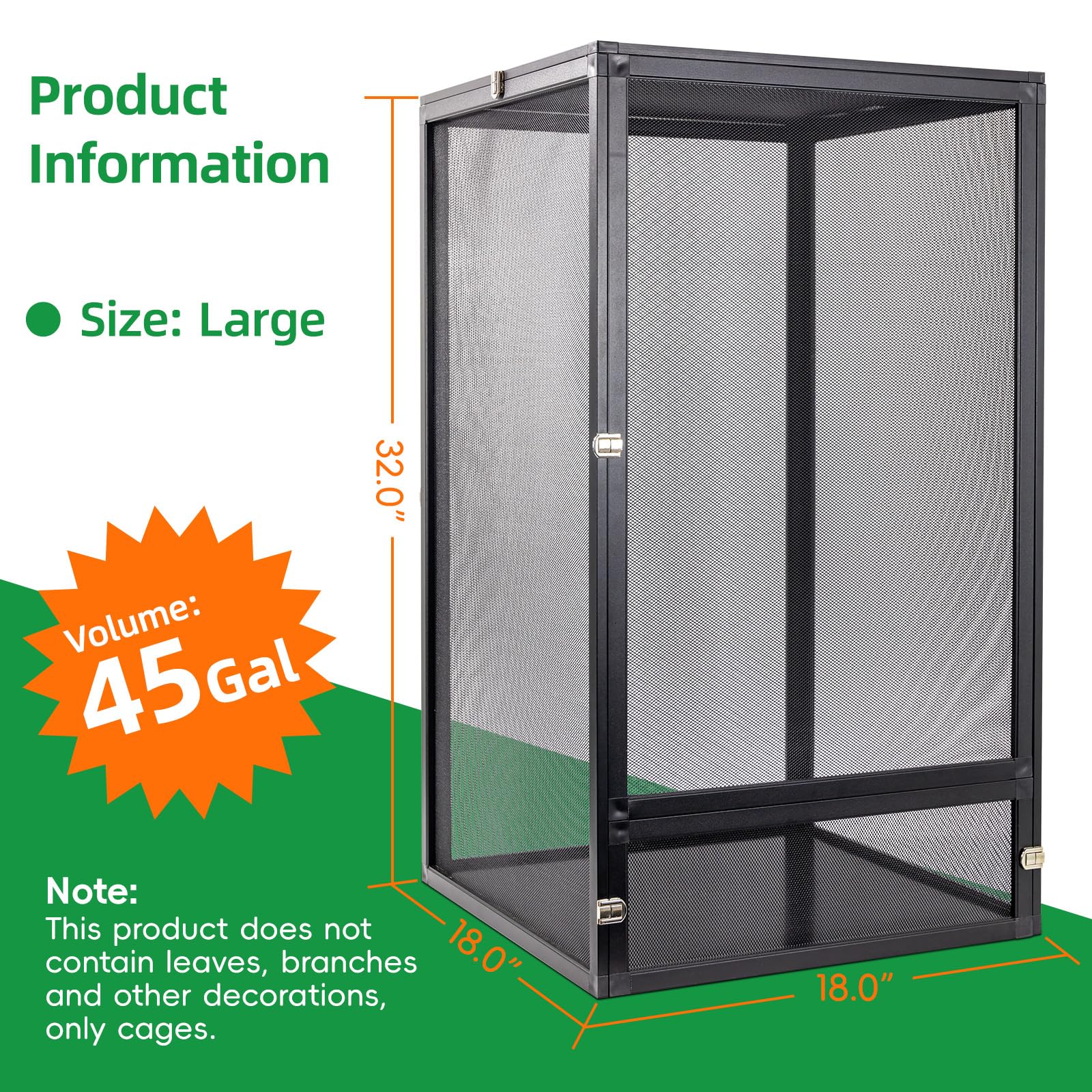 45 Gallon Detachable Reptile Cage / Butterfly Terrarium - 360° Mesh Observation, Foldable For Crested Geckos, Chameleons, Bearded Dragons