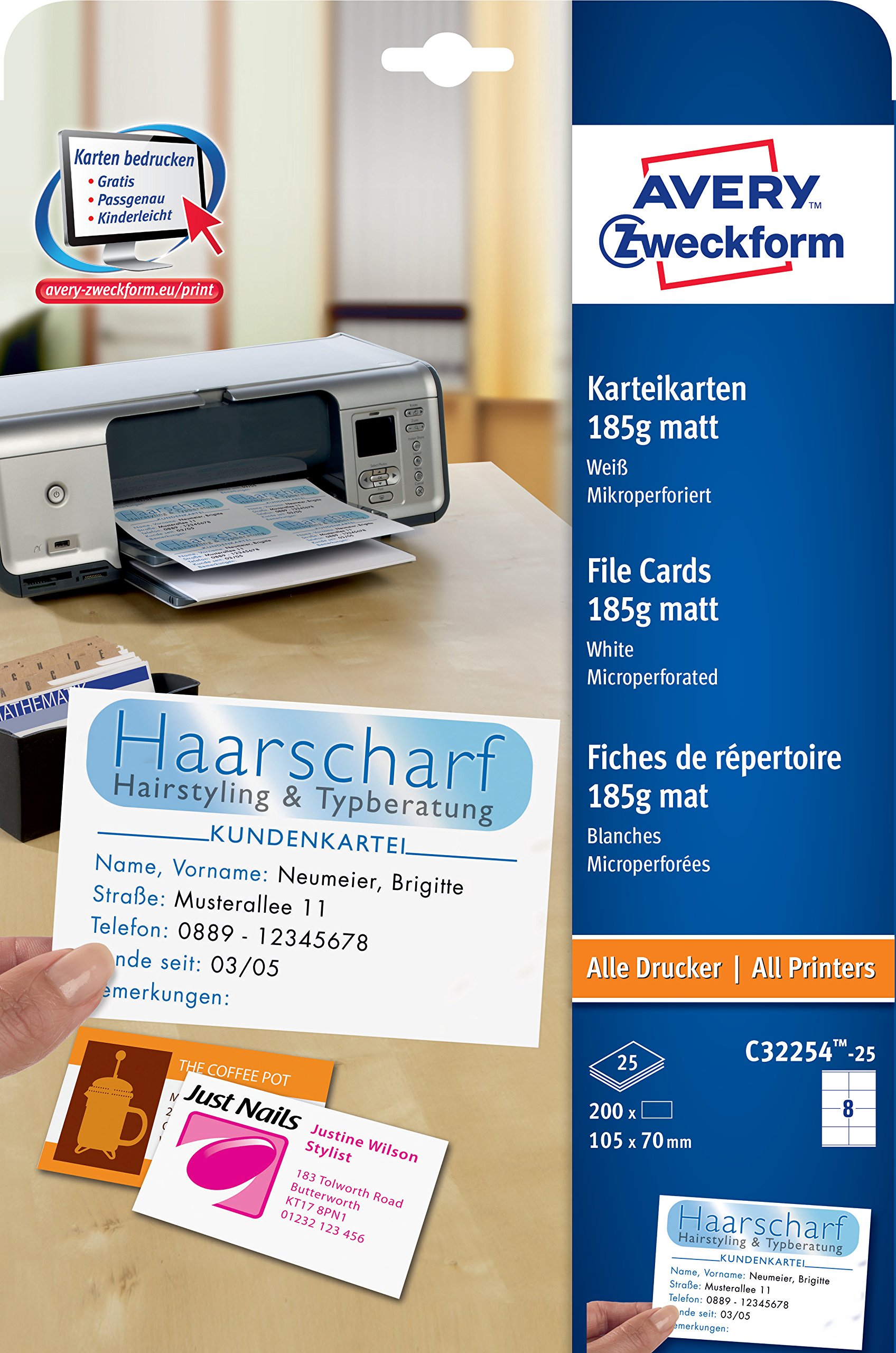AVERY Zweckform C32254-25 Index Cards (Blank, Printable on Both Sides, Matt White, Extra Fine Micro Perforation, 25 Sheets) for Self-Printing on All Printers