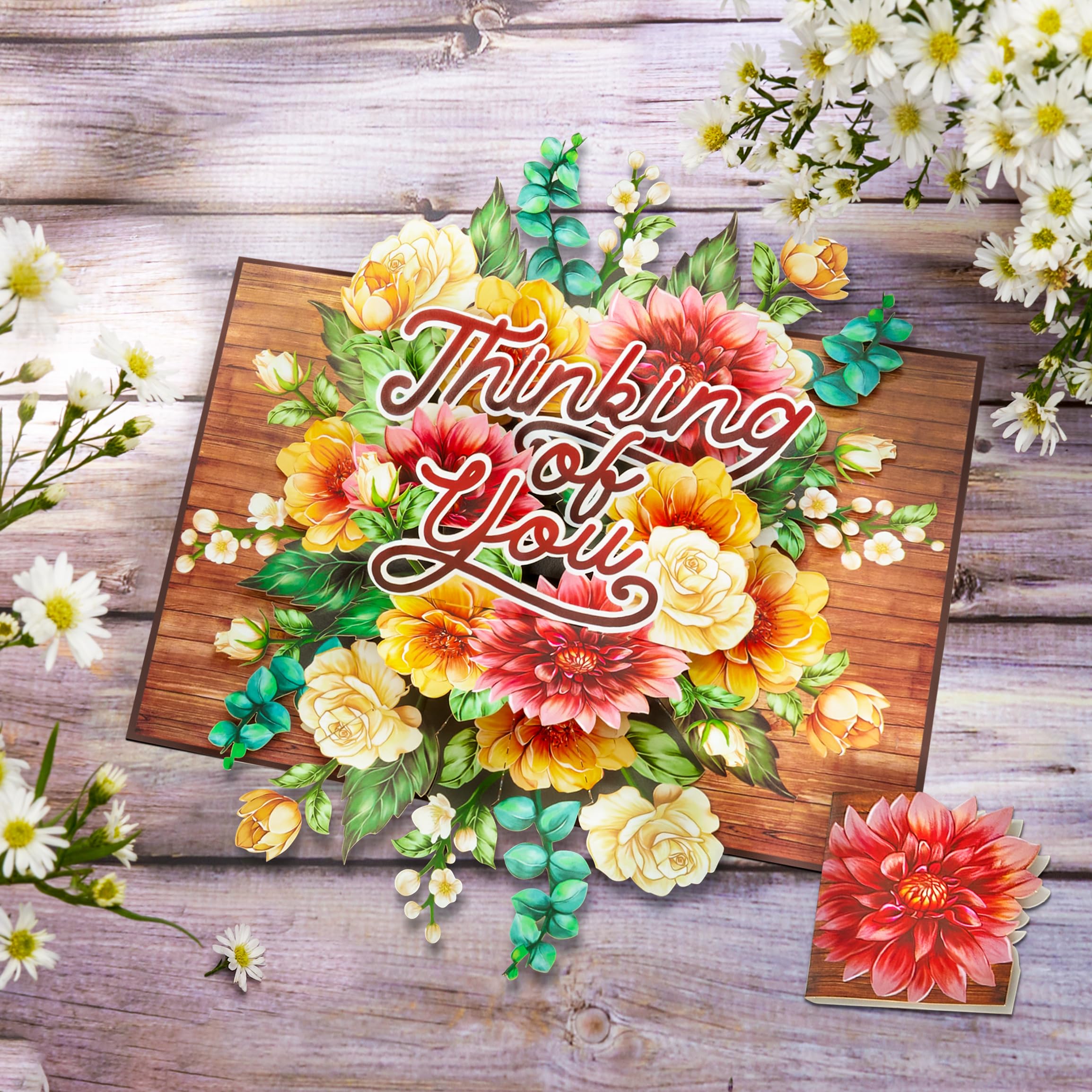 POPWOW Tarjeta desplegable floral Thinking Of You, flores rústicas, tarjetas 3D, regalos para cumpleaños, aniversario, día de San Valentín, mamá, esposa, ella, 5 x 7 pulgadas, incluye sobre y nota de