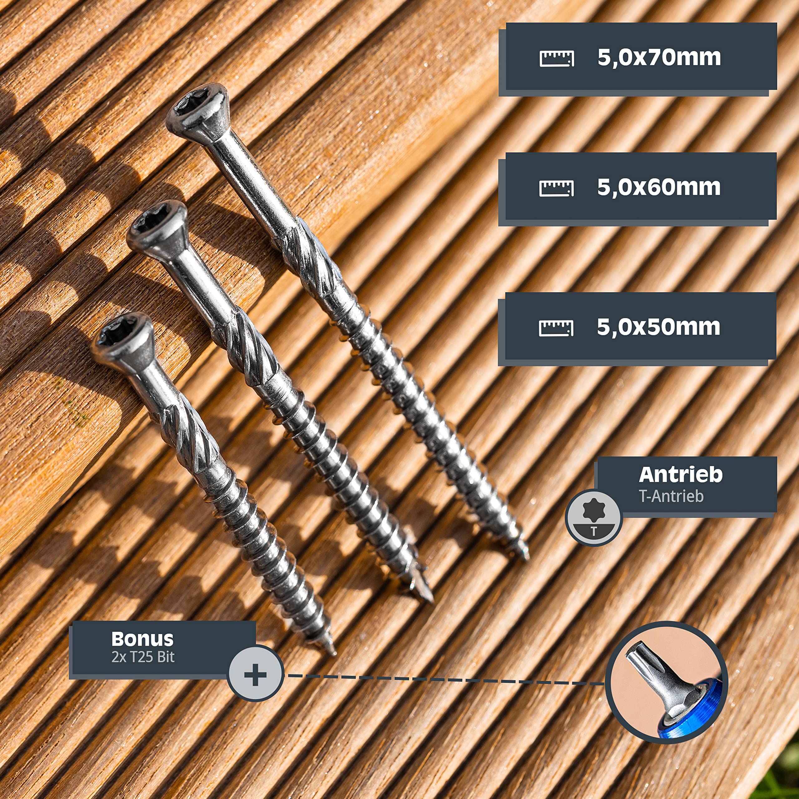 HELPMATE – Terrassenschrauben 5x70 Edelstahl A2 Rostfrei – 500 Stück Dielenschrauben + 2 T25 Bits – Terrassendielen Schrauben für Außenbereich (Terrassenbau, Gartenhäuser, Bauholzkonstruktionen etc.)…