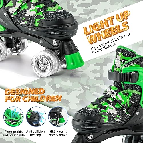 Miniatura 2 de Kuxuan Skates Boys and Girls Camo Adjustable Roller Skates with Light up Wheels, Fun Illuminating Rollerskate for Kids Girls Youth Verde,negro (Camo