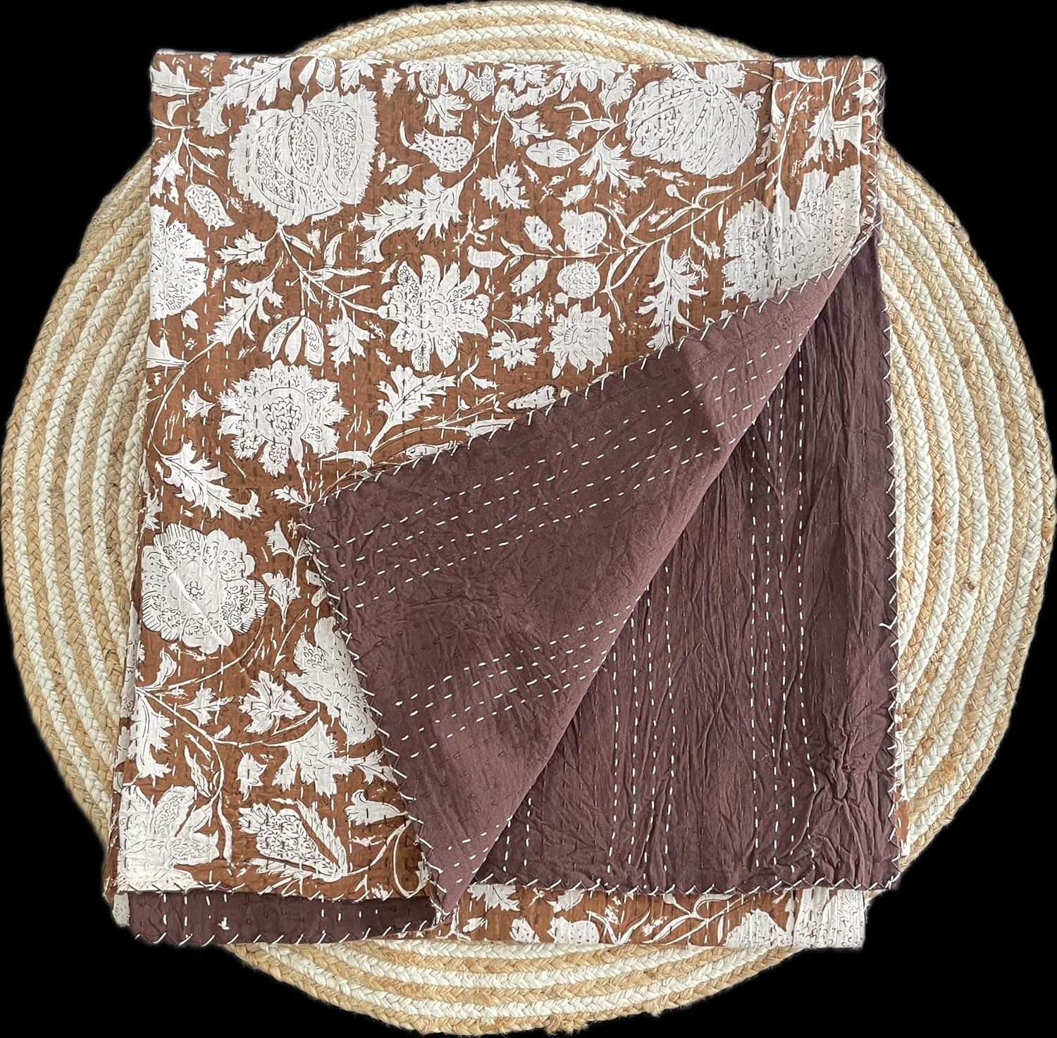 Hippie Floral Handblock Handmade Cotton Block Kantha Quilting Vintage Throw Blanket Hippie Queen/King Size Bohemian Bed Decor Quilt (Dark Brown, 90X108 Inch) - Image 4