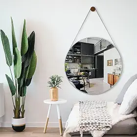 Espelho Decorativo Redondo 60cm Adnet Suspenso com Alça Couro Gelo e Pino de Fixação