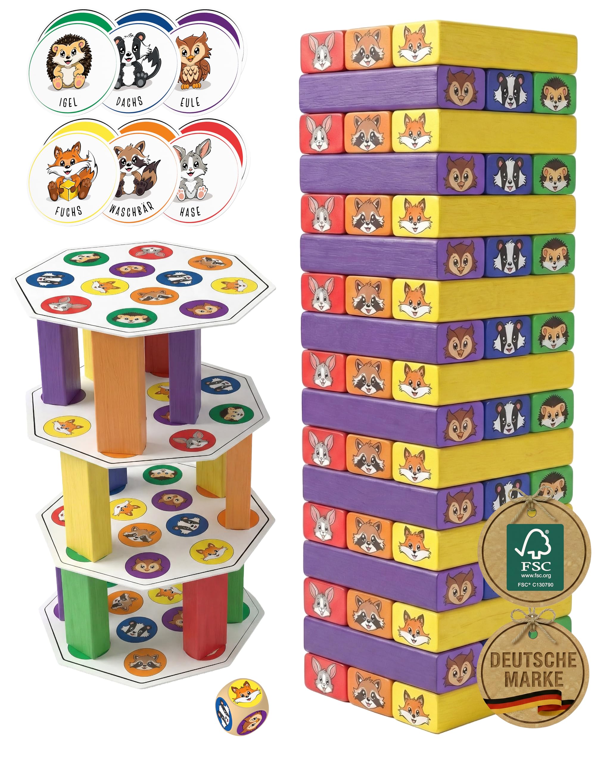 SINNESFUCHS® Wackelturm Holz - FSC® 100% Holzspielzeug ab 3 Jahre - kreatives 7 in 1 Lernspielzeug - Stapelspiel Holz Spielzeug - Geschicklichkeitsspiele ab 4 Jahre - Kinder Junge & Mädchen Turm Spiel