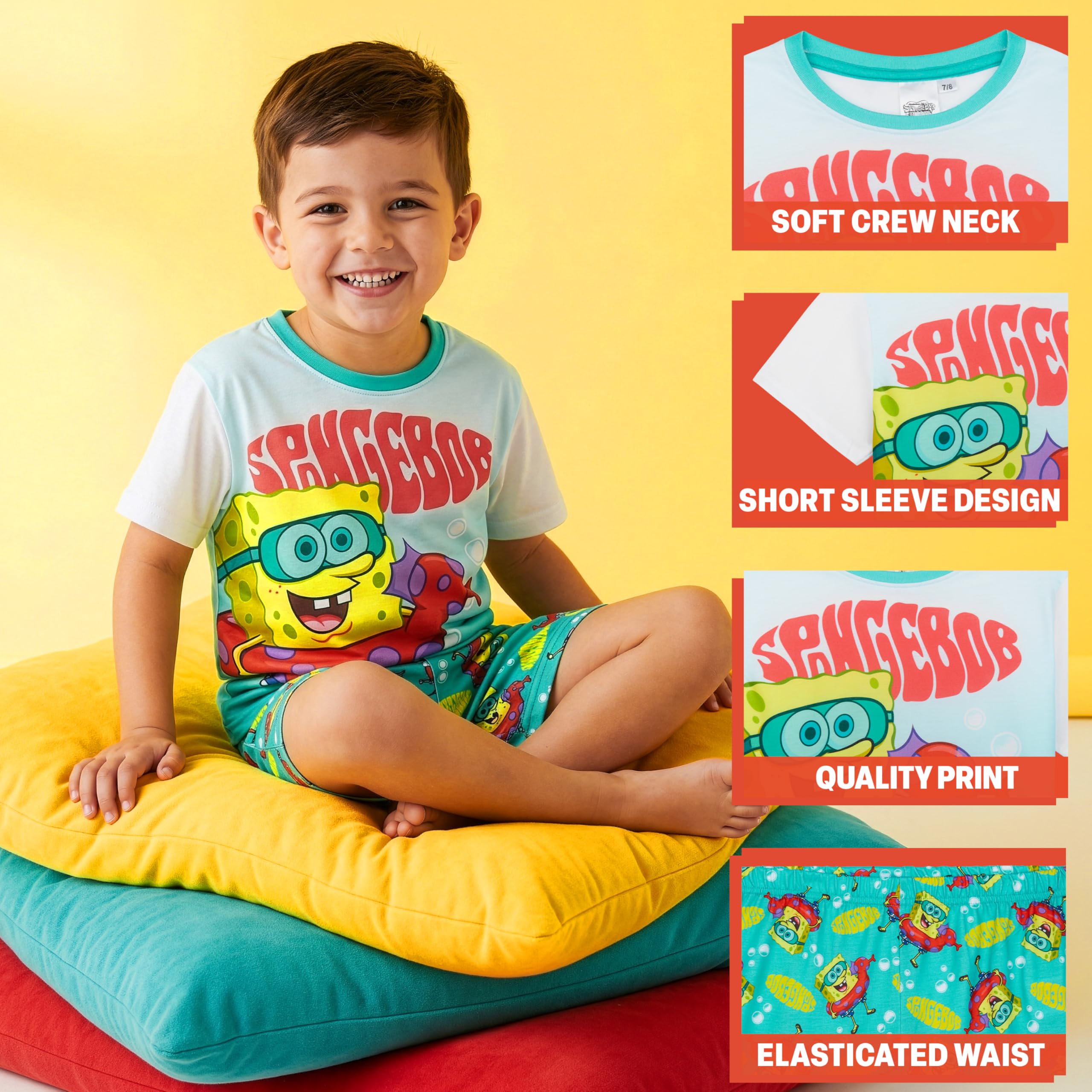Get Trend Bob Esponja Pijama Niño 4-12 Años, Conjunto Verano de Pijama Corto de Algodón, Camiseta Manga Corta y Shorts, Ropa de Dormir, Regalo Niño