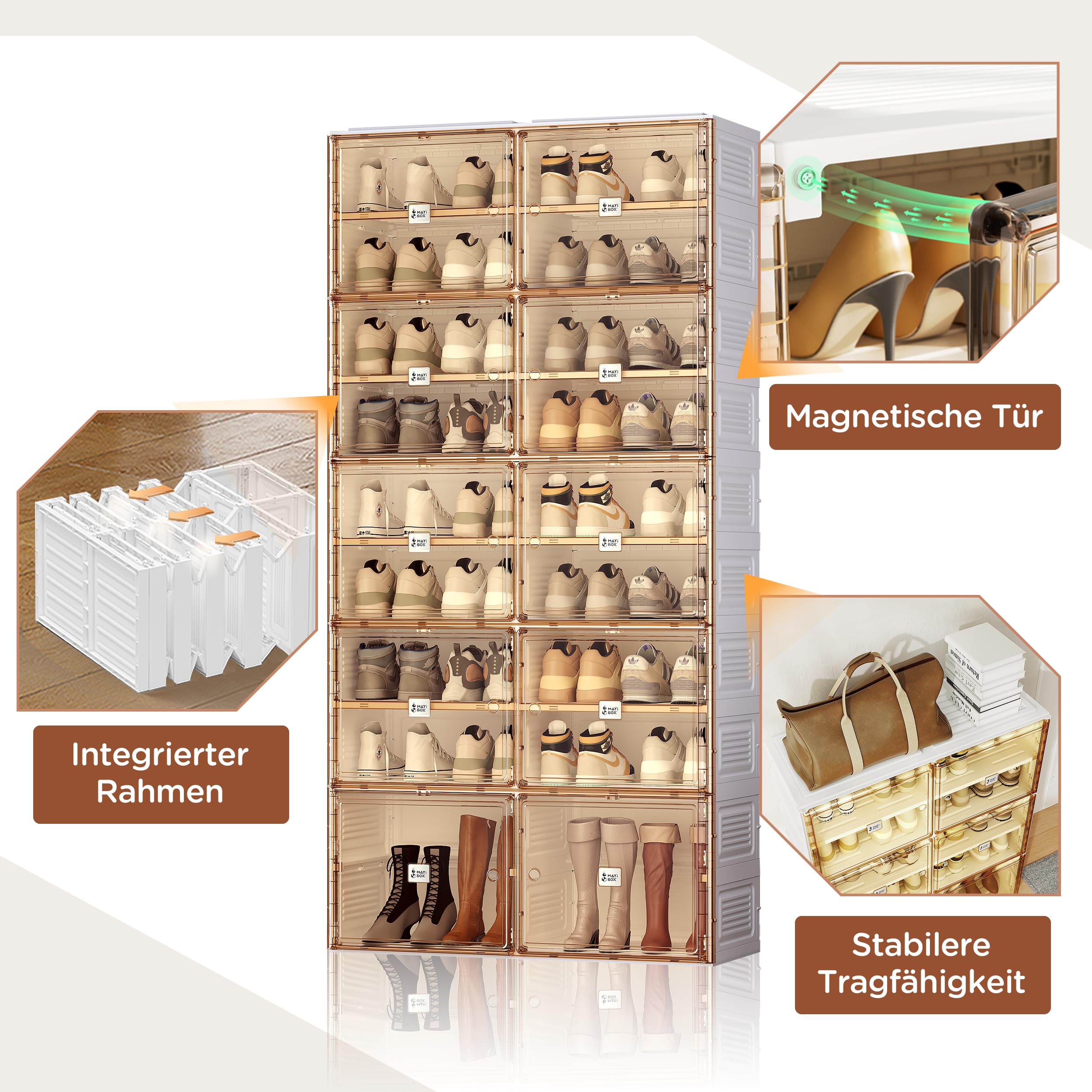 klappbarer Schuhschrank,Transparente Schuhboxen, stapelbar, 10 Stück mit magnetischer Tür, für Stöckelschuhe, Stiefeletten, Pumps (2 Spalten 10 Schichten 38 Paar)