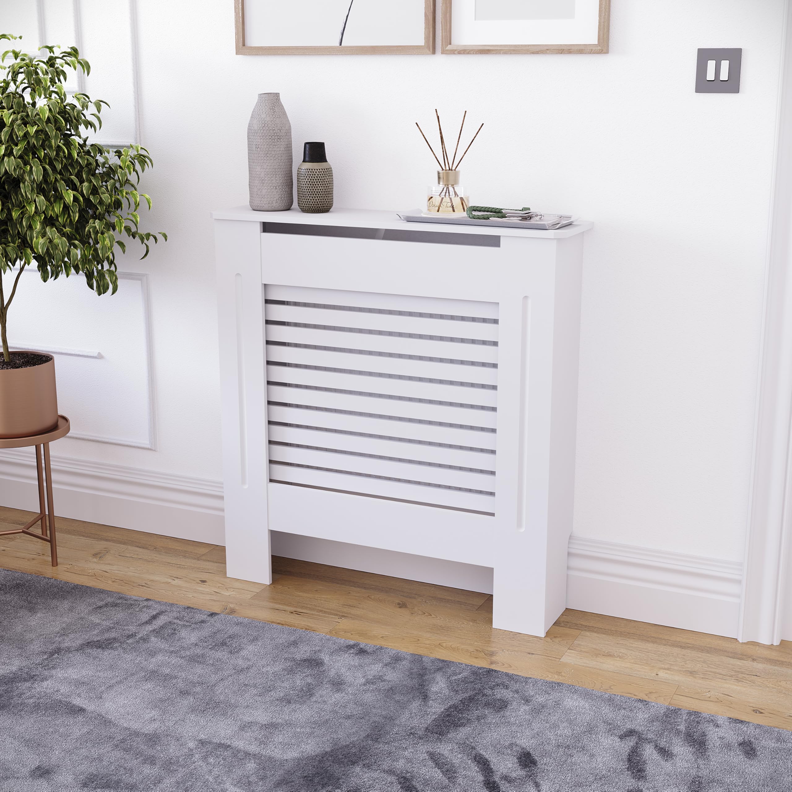 Vida Designs Milton Cubierta de radiador Blanco - Pequeño - Lamas horizontales Modernas para Mejor circulación del Calor - H82xW78xD19cm - MDF Pintado para salón y Pasillo