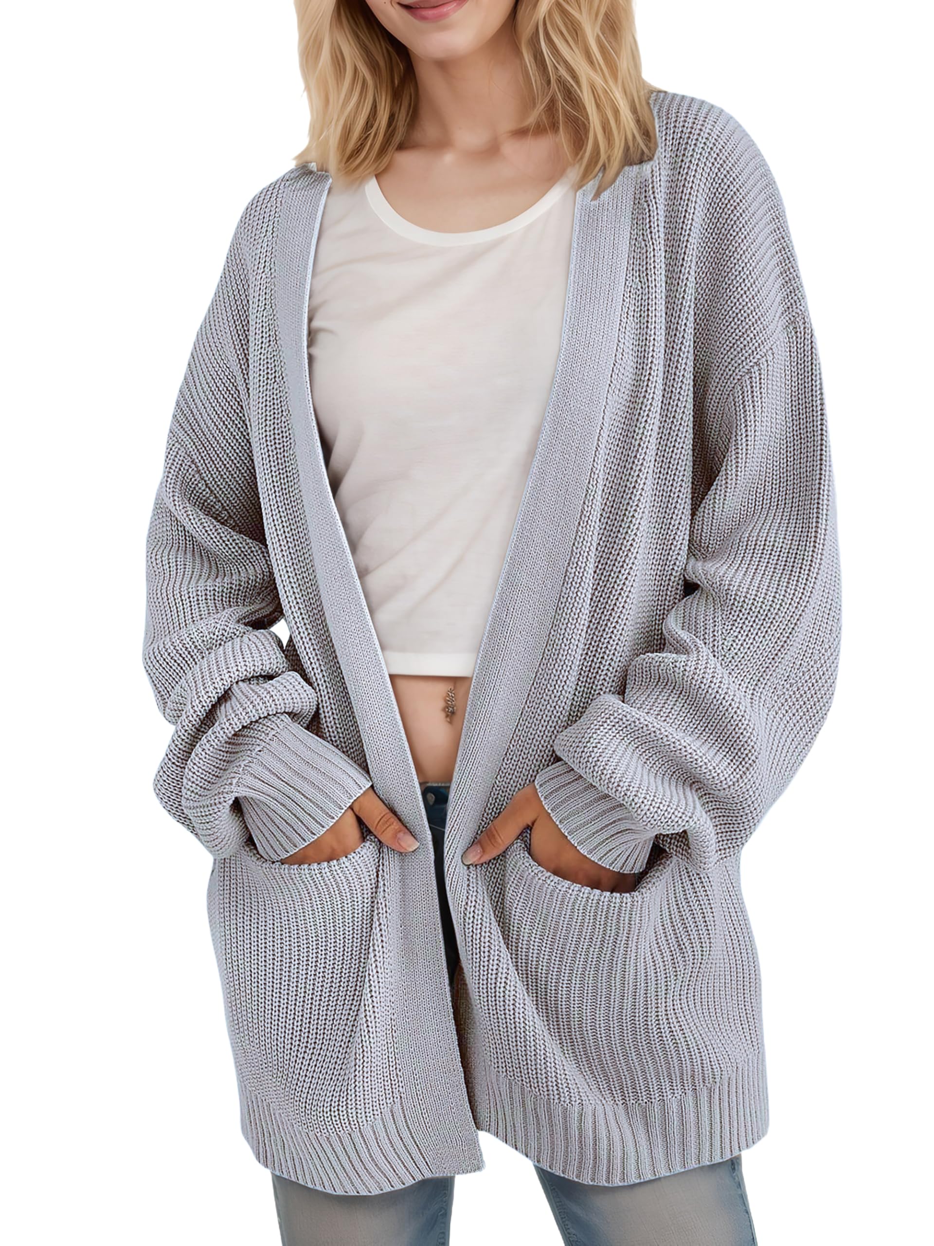 Jhsnjnr Cardigan Damen Oversize Casual Offene Front Strickmantel Pullover Herbst Langarm Warme Grobstrick Strickjacke