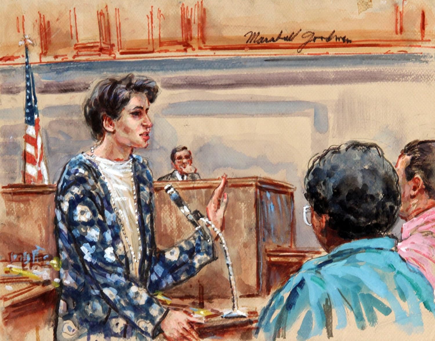 Marshall Goodman, Courtroom Drawing - Woman in Blue Dress