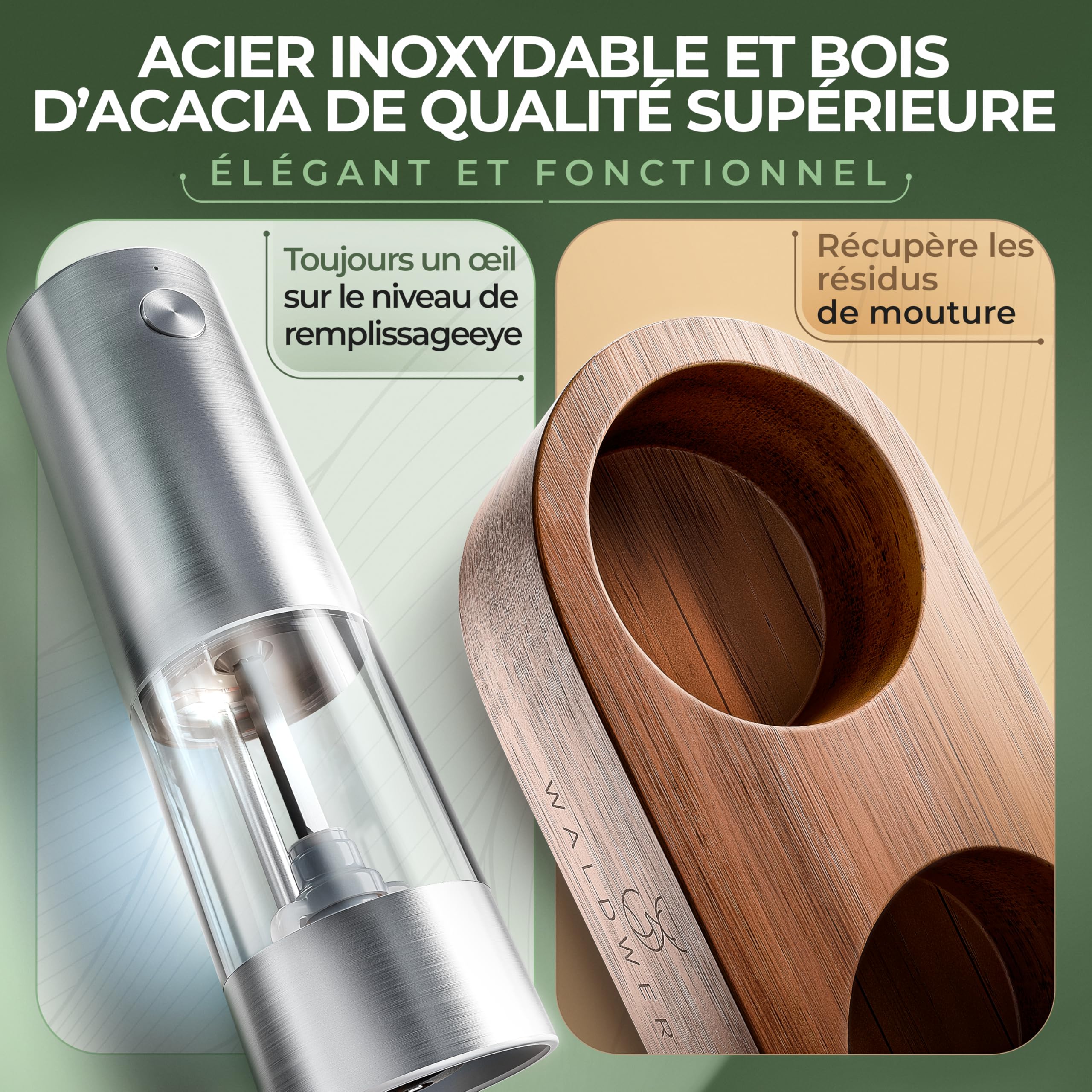 WALDWERK Moulin à poivre et sel electrique (batterie 300 mAh) – Moulin à poivre et moulin à sel electrique avec support élégant en bois d’acacia – Moulin a poivre electrique