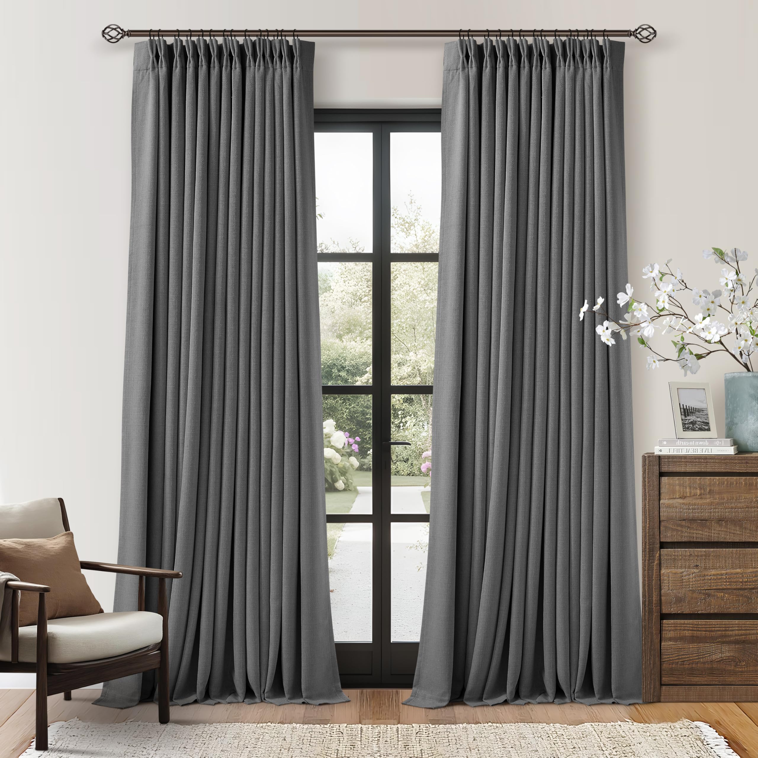 Grey 96 Inch Blackout Pinch Pleated Curtains 2 Panel Set for Living Room Darkening Thick Linen Textured 100% Black Out Drapes 96 Inches Long Pinch Pleat Light Blocking Bedroom Charcoal Dark Gray โ image 1