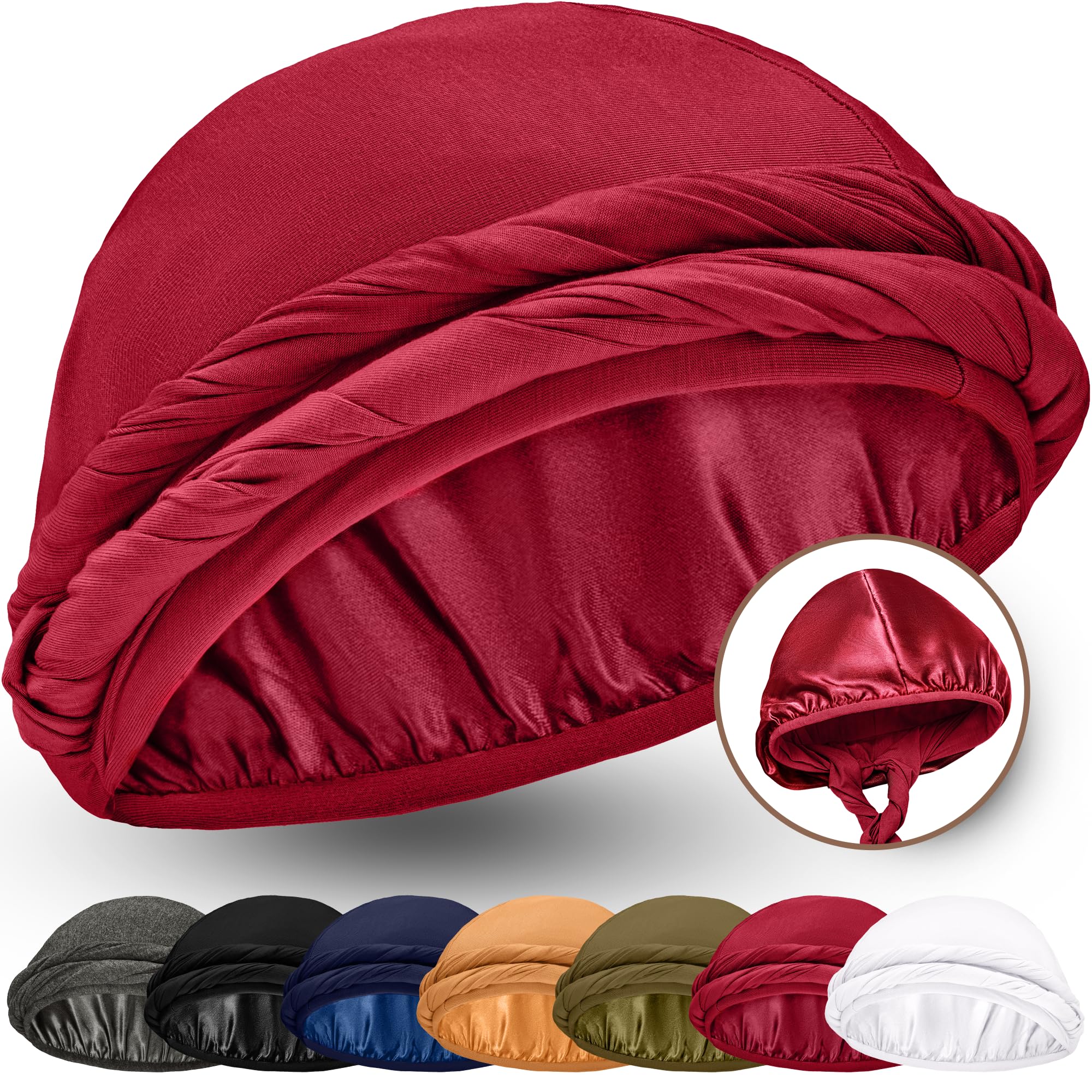 Silk Satin Lined Halo Turban Head Wrap Pre-Tied Skull Cap for Men and Women Sleeping Bonnet Hair Cover Chemo Hair Loss Hat