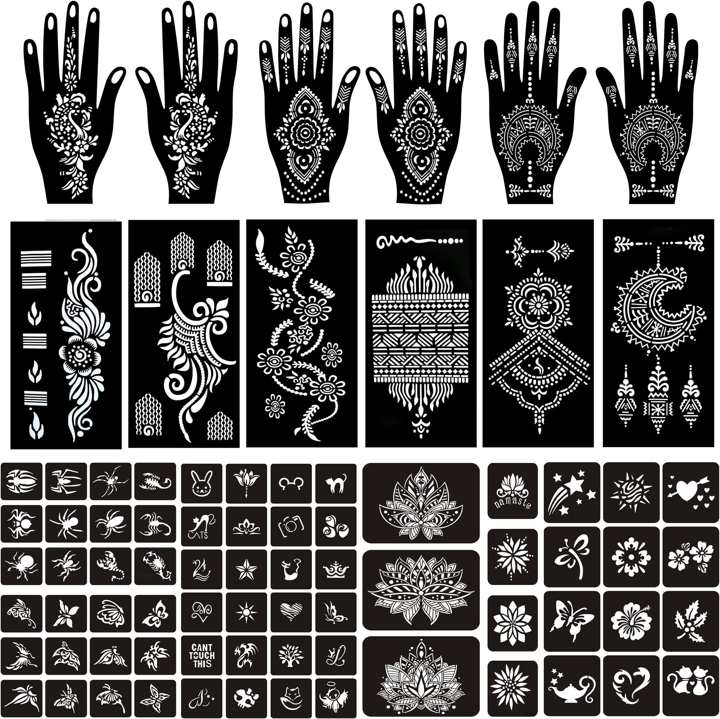 16 Sheets Henna Temporary Tattoo Stencils Kit,72 PCS Animal Flower Patterns Henna for Face Paint Body Art Stencils for Girls and Women Arabian Realistic Tattoo Stickers