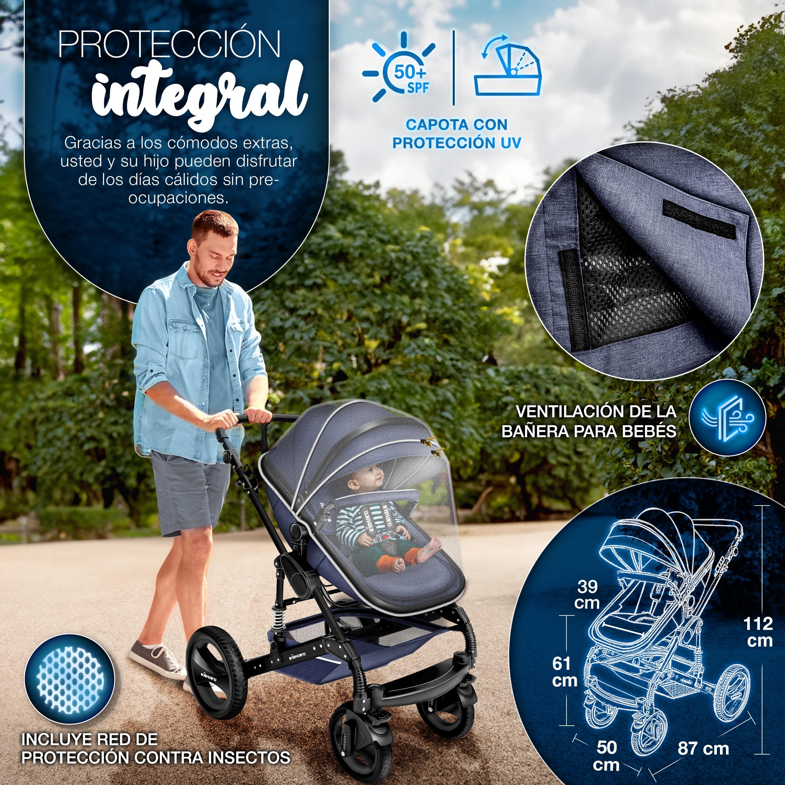 KIDUKU® Carrito de Bebé 3 en 1 | Silla de Paseo para Niños | Carricoche de 3 Piezas | Capazo, Cambiador, Cubrepiés | Sillita Coche Ligera Infantil ECE R129