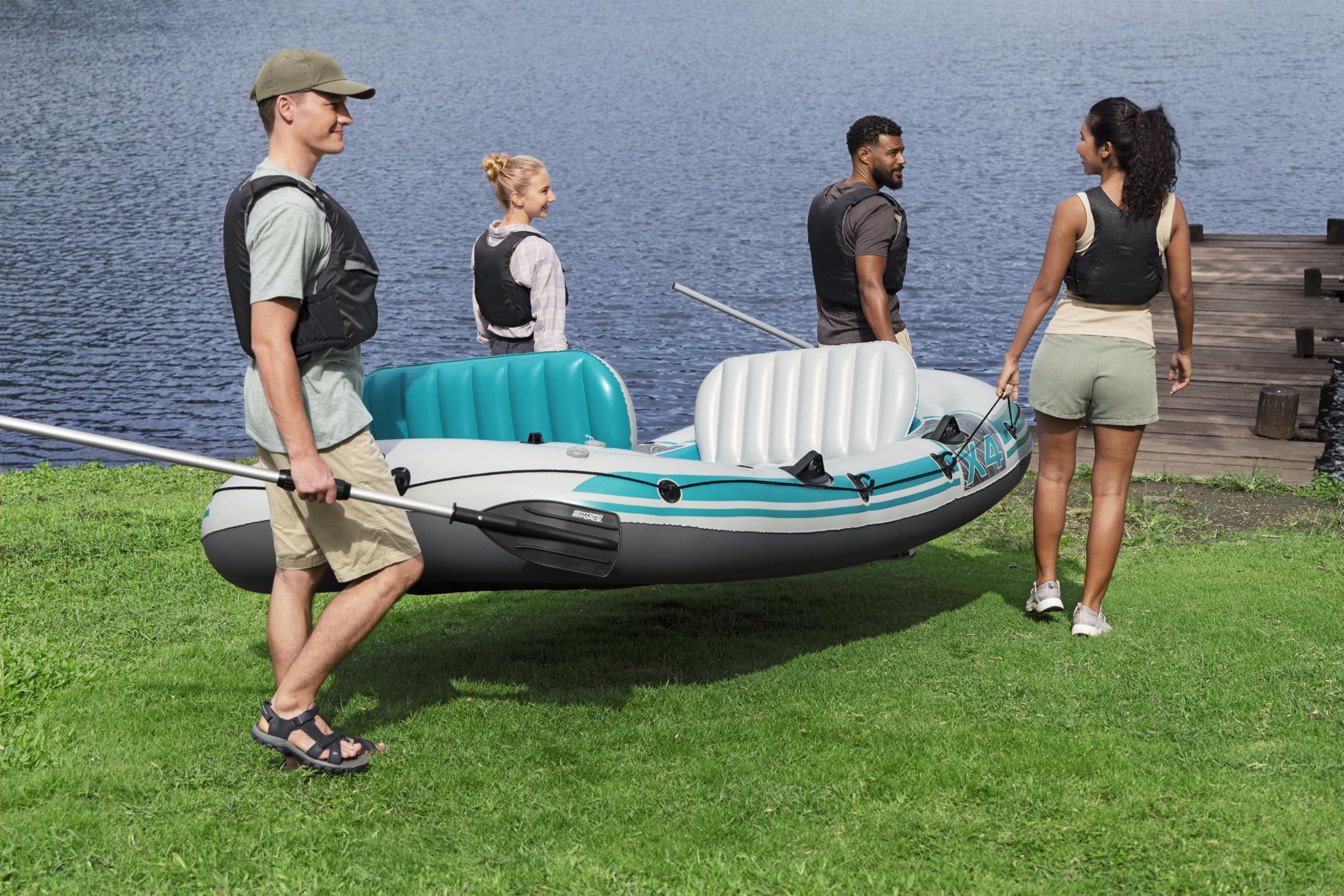Bestway Hydro Force Schlauchboot-Set Adventure Elite X4, 315 x 165 x 41,5 cm, 4 Personen, 500 kg Belastbarkeit, 3 Luftkammern, Angelrutenhalterungen, aufblasbare Sitze, Ruder, Handpumpe, Tragetasche