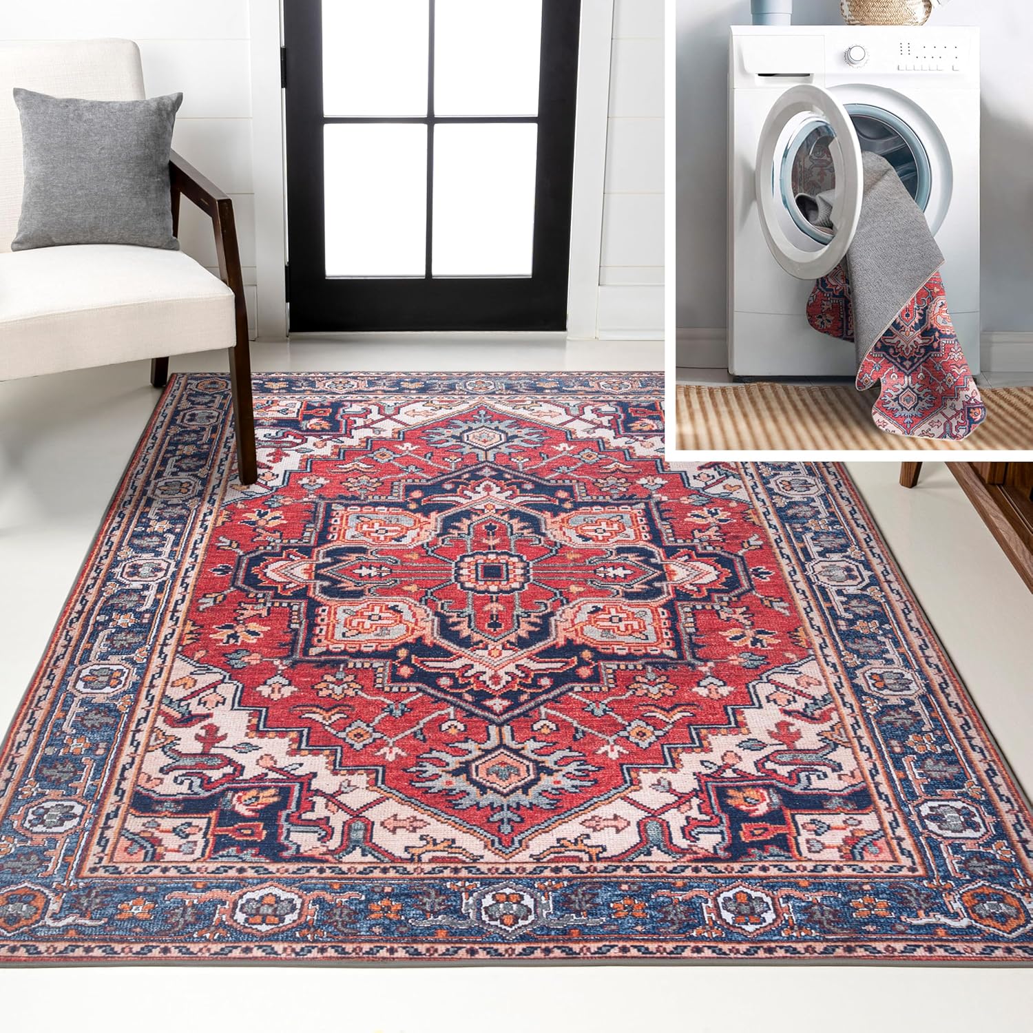 JONATHAN Y Machine Washable Red/Navy Indoor Area Rug 9X12 ft, Cirali Ornate Large Medallion for Living Room, Bedroom, Kitchen, Office, Easy-Cleaning, Pet-Friendly, Non-Shedding WSH105A-9 Cirali-red/Navy 9' x 12' (Rectangular)