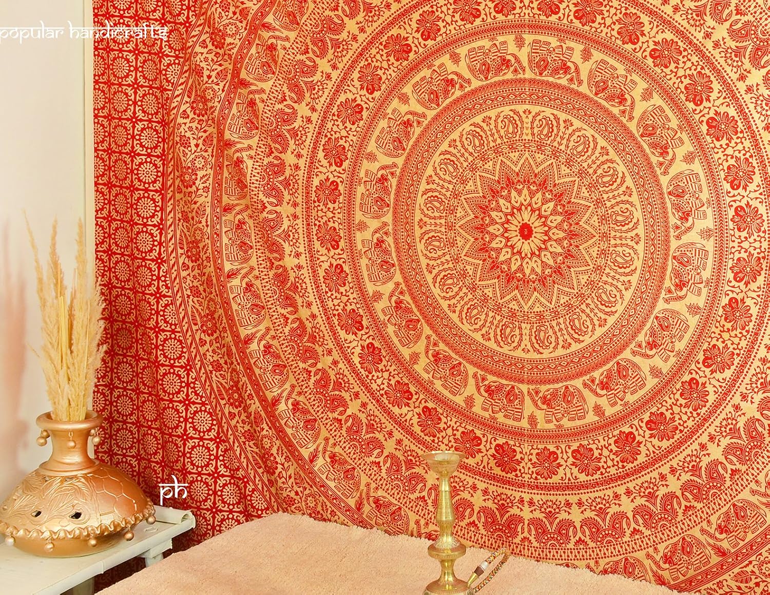 Popular Handicrafts New Releases Wall Hanging for Bedroom Hippie Mandala Bohemian Design Indian Magical Thinking Tapestries Dorm Decor Metallic Shine tapestries (215x230cms) Gold on Red dye image 2