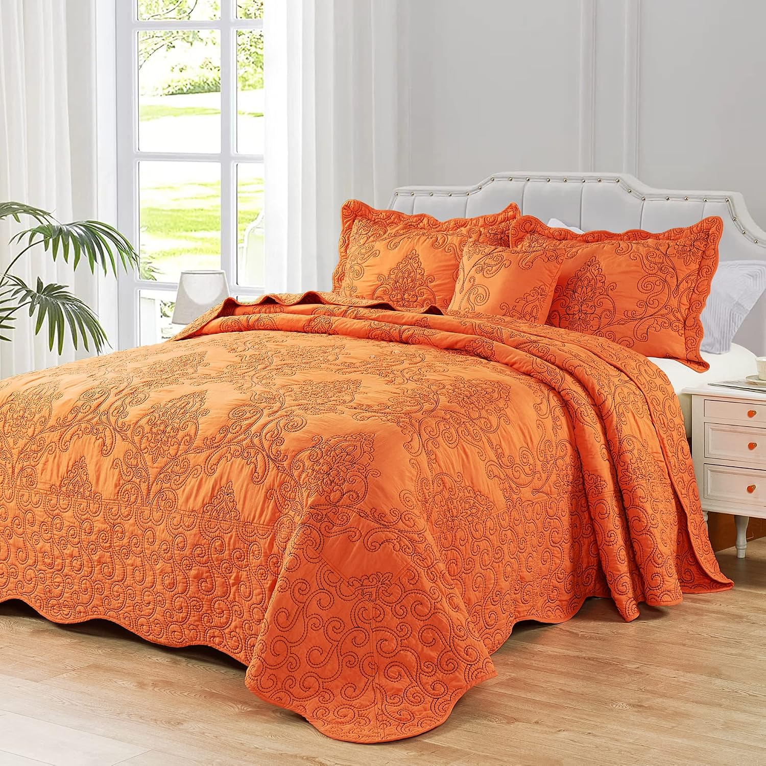 HESTIN 4 Piece Oversized Damask Paisley Pattern Quilt Microfiber Soft Lightweight Coverlet Embroidered Bedding Set with Beautiful Stitching for All Season, 120" x 120", Orange