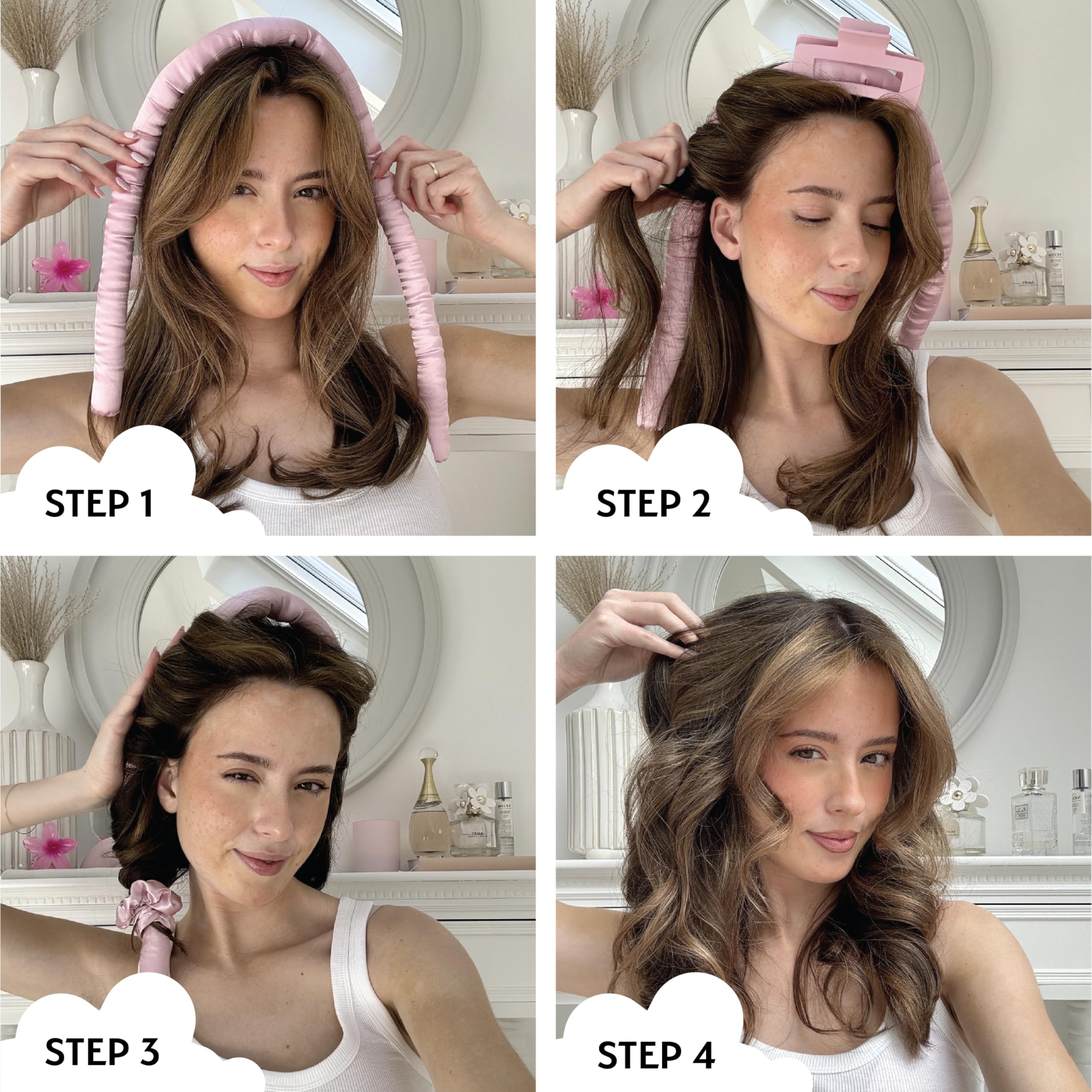 Silver Cloud Satin Heatless Curler Set Infused with Silver Ions - Effortless Curls, No Heat Required (Pink, Medium) - Image 3