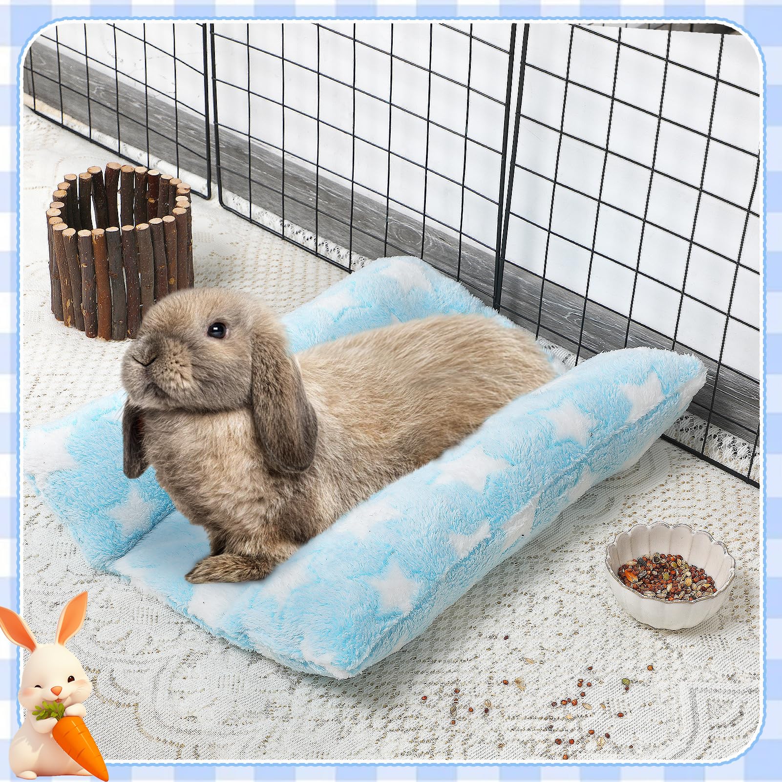 MEWTOGO Letto per coniglio, 30 x 35 cm, morbido letto concavo addensato, cuscino in peluche con cuscini in cotone per dormire in gabbia, idea regalo per coniglietti al coperto, celeste con stelle