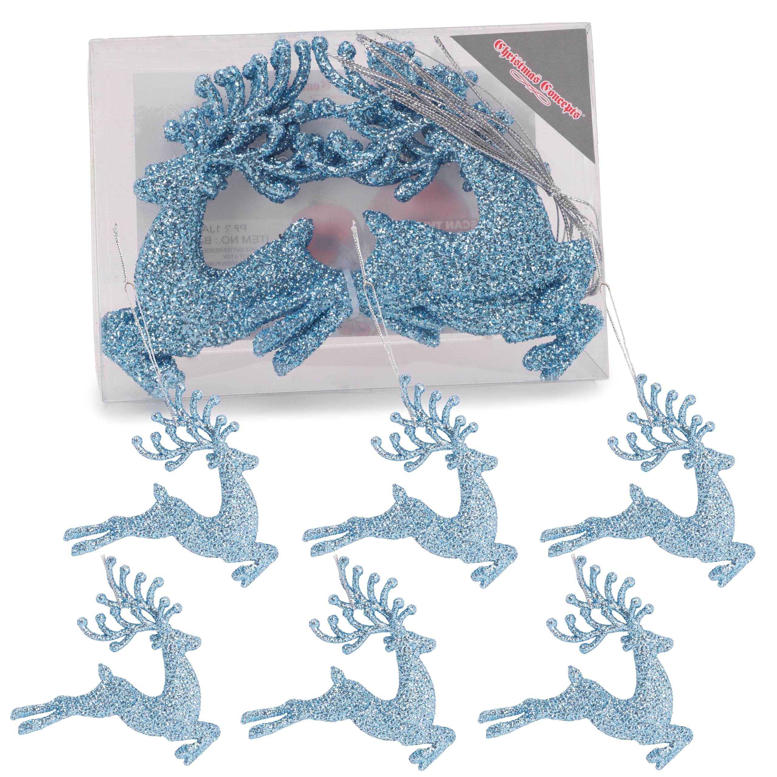 Christmas Concepts Ice Blue Christmas Concepts®- 100Mm (4") Pack Of 6 Glittery Reindeer Baubles - Christmas Tree Decorations (Ice Blue)