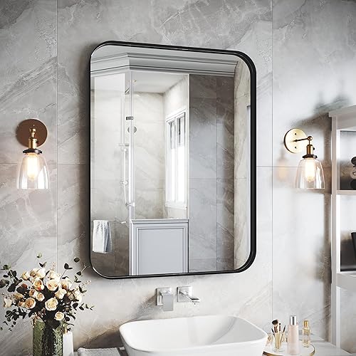 Miniatura 9 de Espejo de baño con marco de aleación de aluminio negro de 24 x 36 pulgadas, vidrio templado, espejo de baño rectangular redondeado, se cuelga
