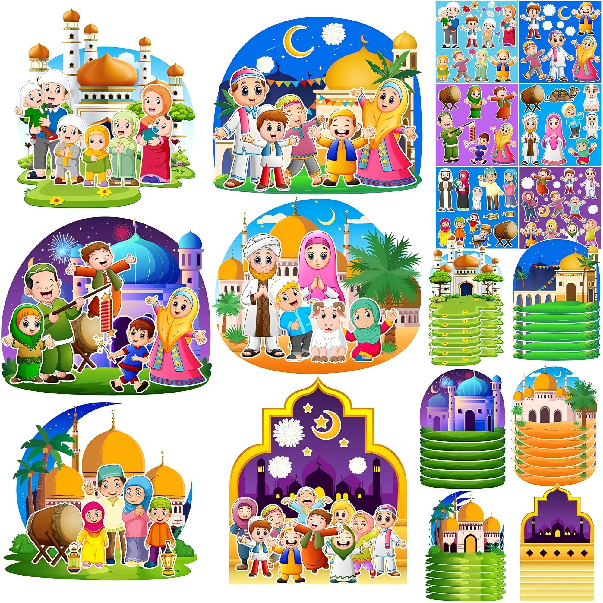 36 Sets Ramadan Stickers Eid Mubarak Craft Kit for Moon Star Scene Stickers Bulk Ramadan Kareem Decorations DIY Muslim Mosque Hanging Ornament for Tree Eid Al Fitr Party Class Activities