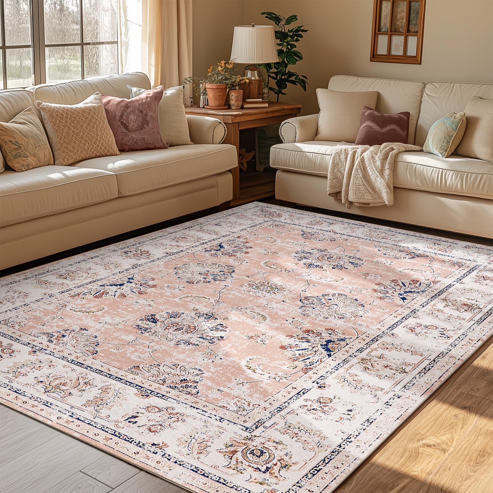 Area Rug 152x213CM Washable Boho Bedroom Rug Thin Carpet Retro Pink Floral Print Indoor Mat Vintage Rug for Living Room Dining Room Kitchen