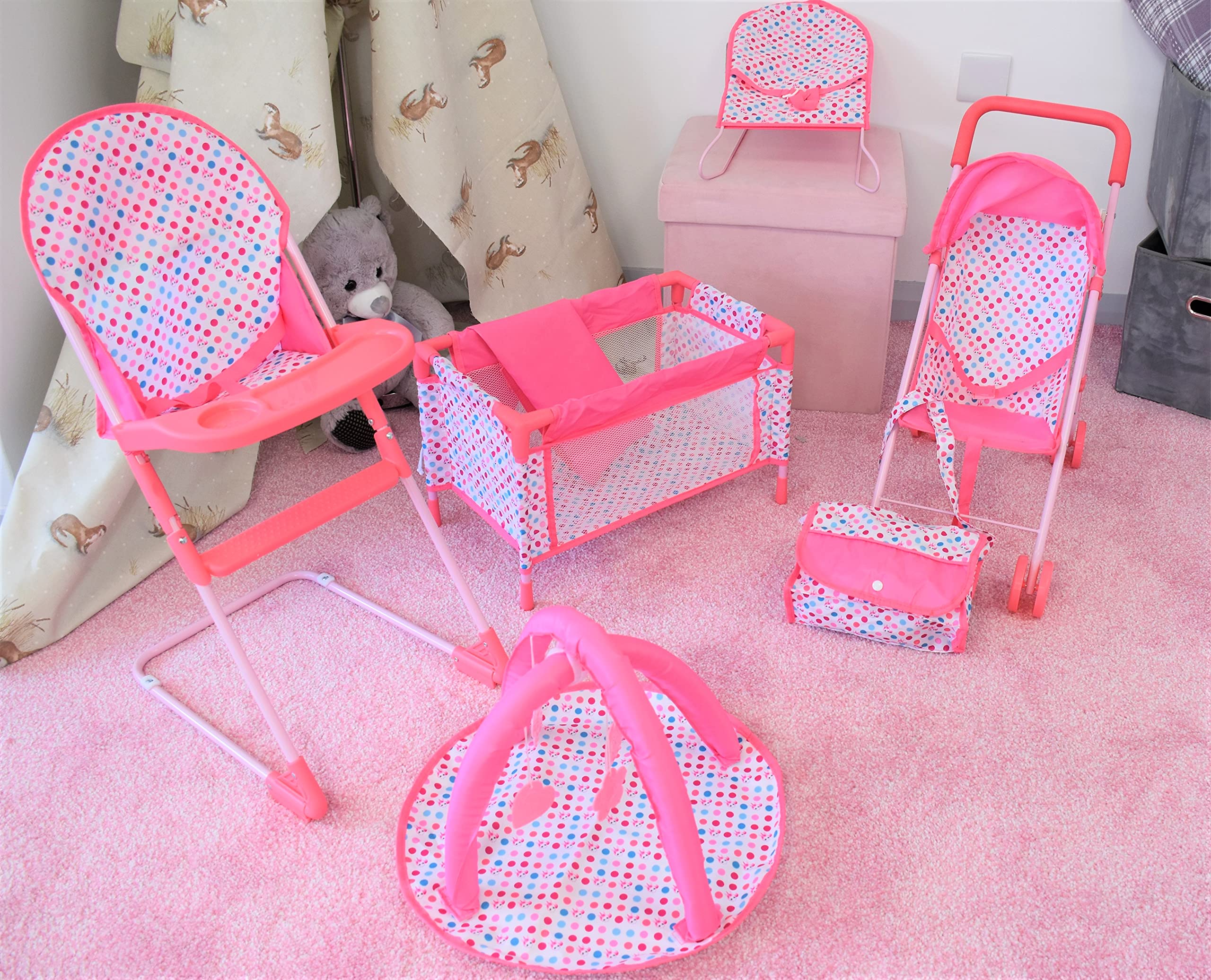 KOOKAMUNGA KIDS 6 Piece Doll Accessories Playset Toy Pram Stroller