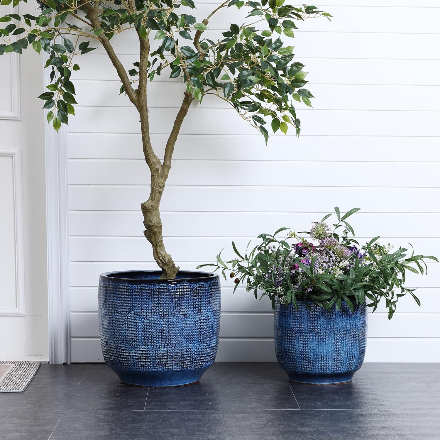 LuxenHome 15.75" Dia Large Ceramic Pots for Plants, Blue Glazed Planters for Outdoor Plants, Round Indoor Flower Pots with Drainage Hole and Rubber Plug for Home Garden Patio