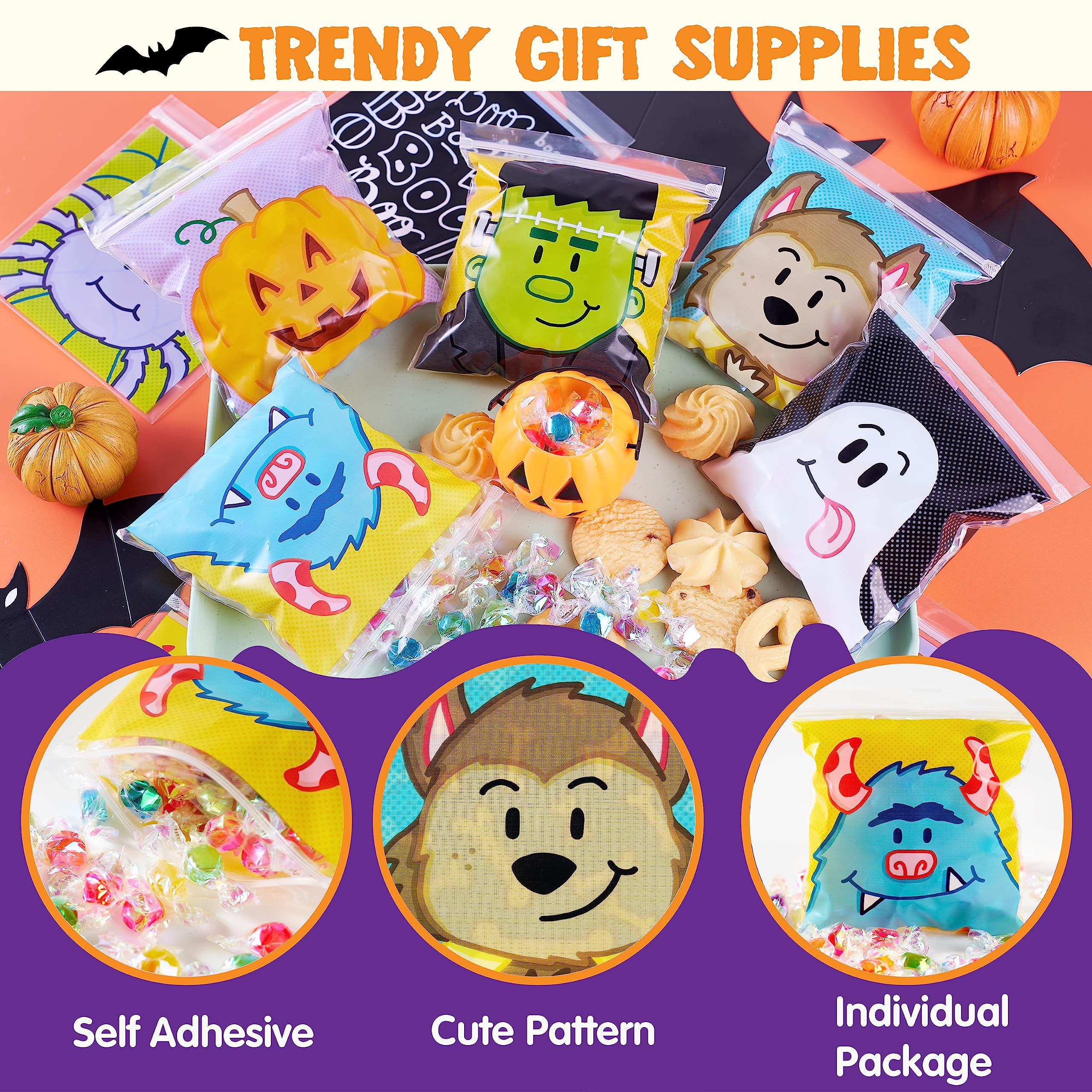 JOYIN 150 Stück Halloween-Zellophantüten, kleine Süßigkeitentüten, Halloween-Geschenktüten für Süßigkeiten oder Süßigkeiten, kleine Druckverschlussbeutel für Halloween-Partyzubehör