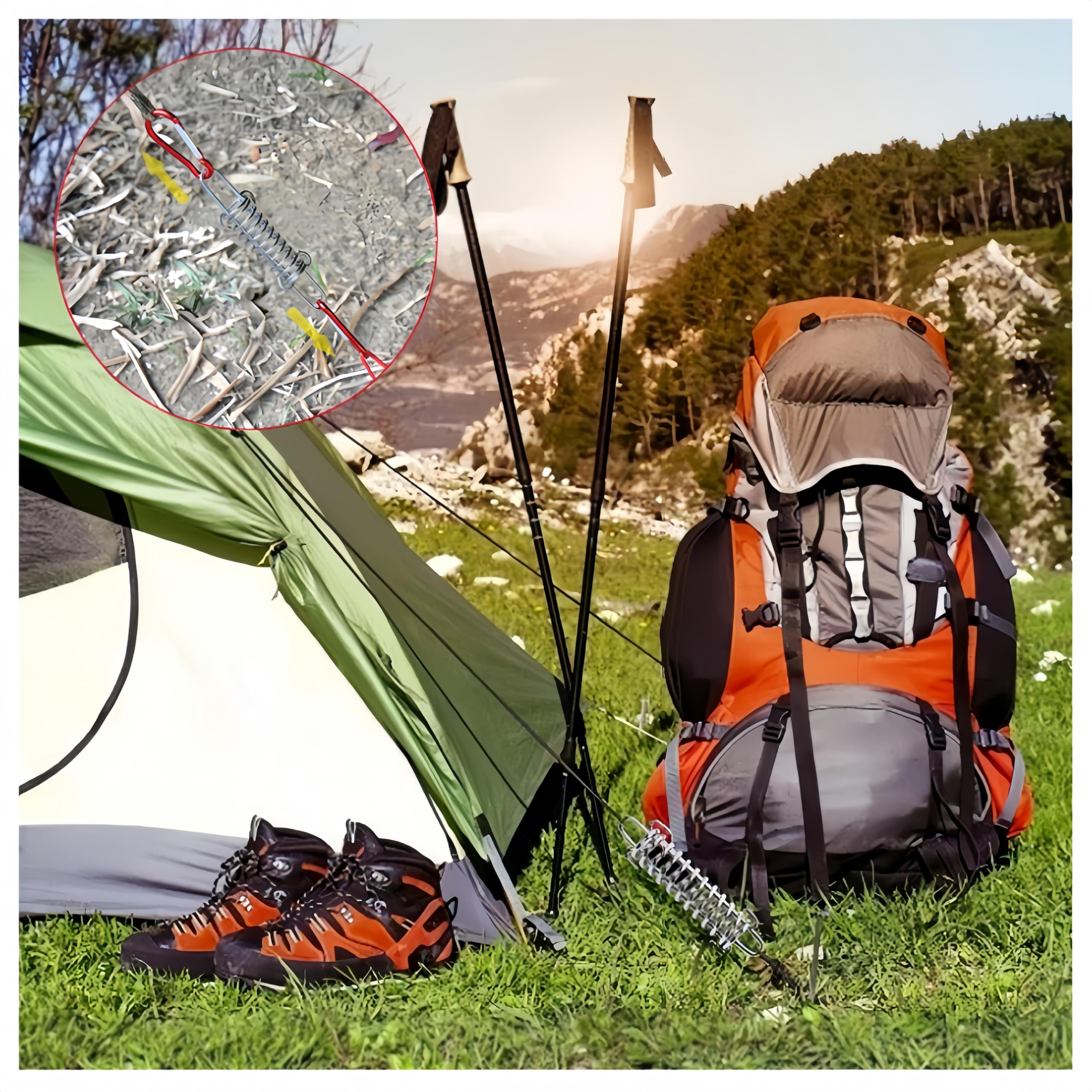 Molla Ormeggio,Fibbia a Molla Tenda da Campeggio, 4 PCS Gancio a Molla Tensione Tenditore e 8 PCS Moschettoni, Molla in Acciaio Inossidabile, Tenditore a Molla per Tenda Spiaggia e Vela Ombreggiante