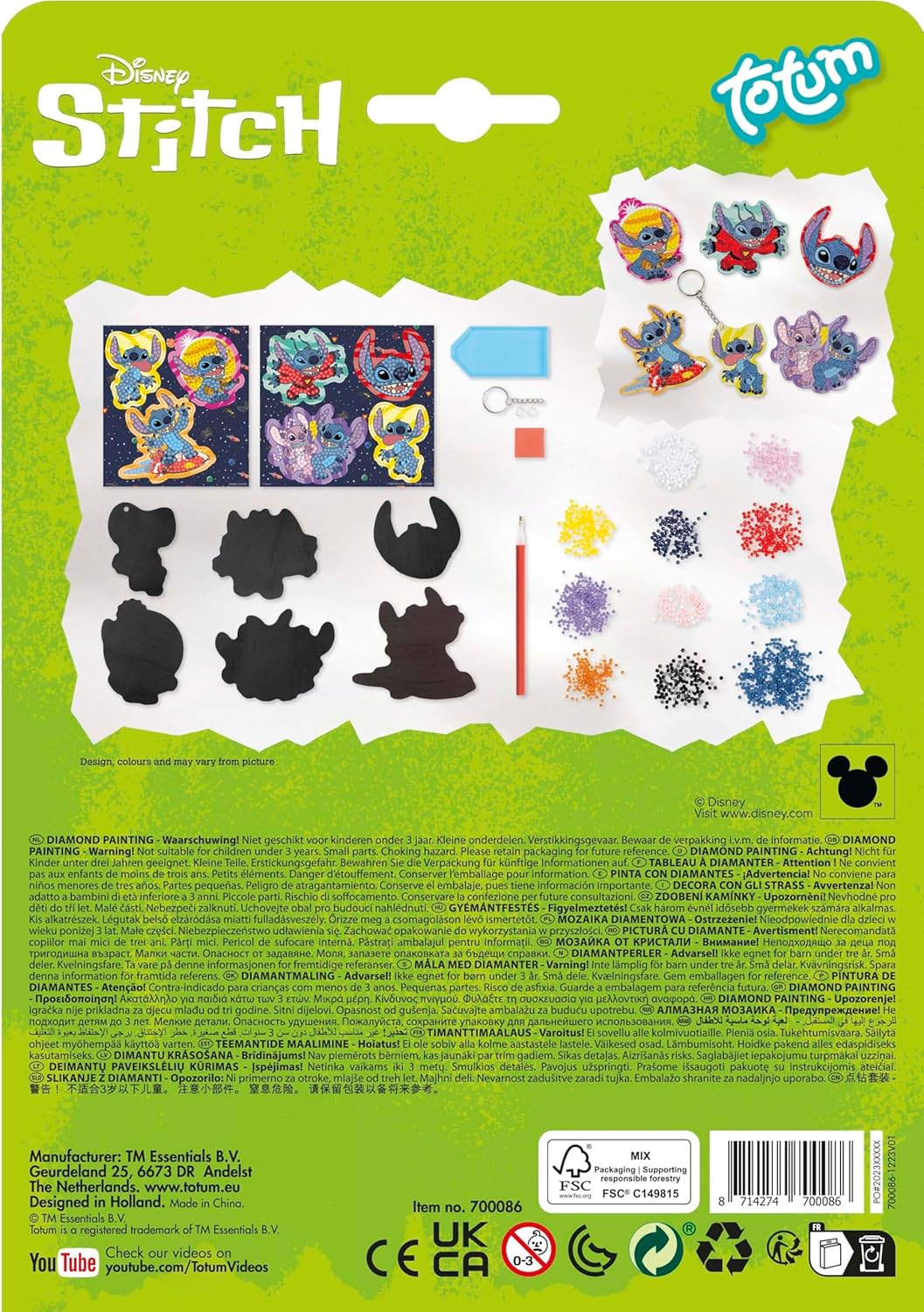 Back of the Totum Stitch Diamond Craft kit box with product information and warnings