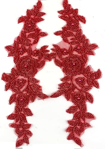 Miniatura 6 de Heyiwell 1 par de apliques de encaje bordado de encaje con cuentas 3D rojo vino hecho a mano, bordado floral con cuentas para costura, vestido de