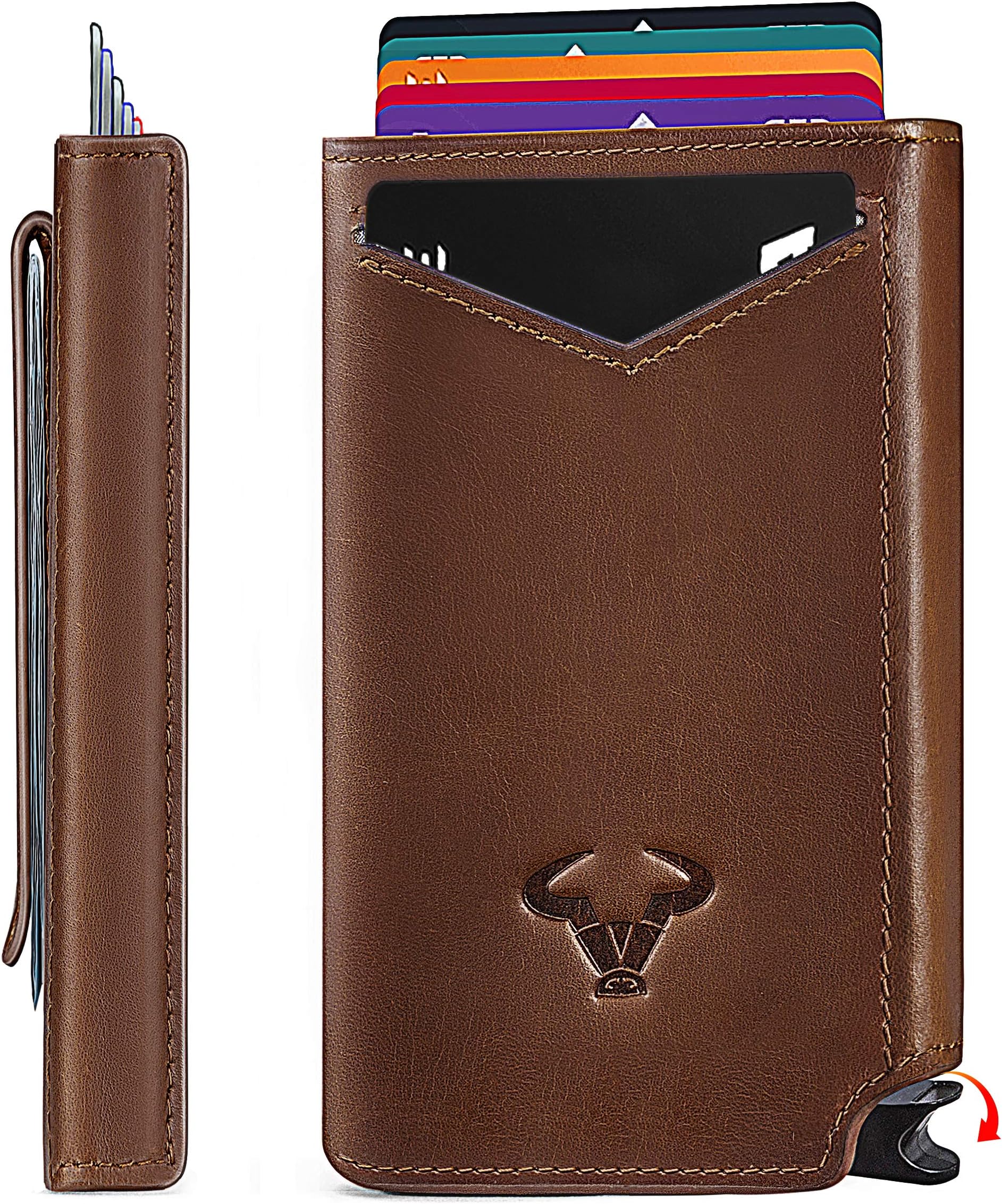 Bigant Mens Slim Wallet Card Holder, Aluminium Money Clip Wallet with Top Grain Leather Case 2.8"x4.5" 10 Cards,RFID Blocking,Pop-up Cards Access