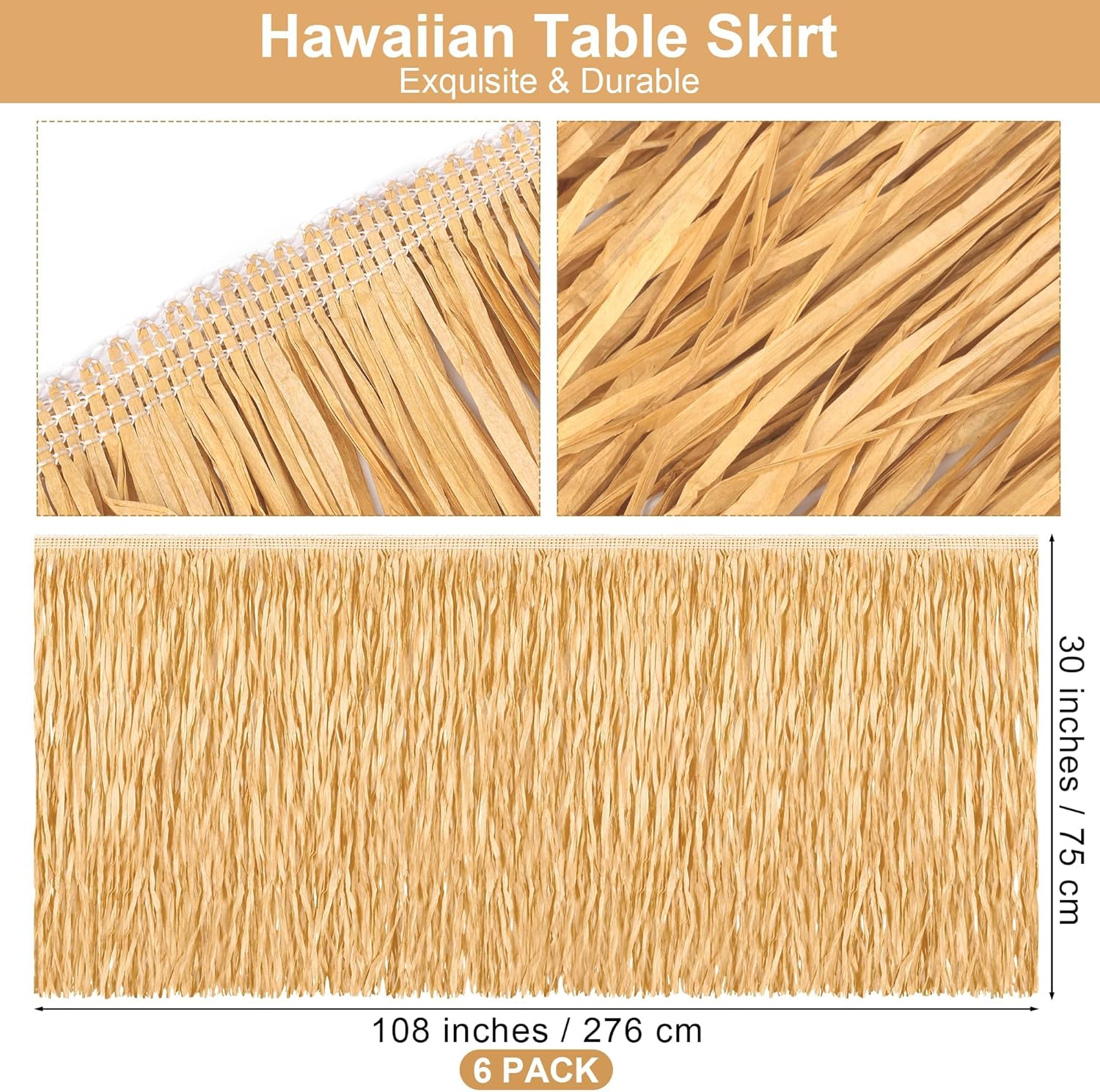 Fovths 6 Pack Luau Grass Table Skirt Paper Fringe Dark Straw Skirt 108 x 30 Inch Hibiscus Hawaiian Table Skirts Rectangle Tropical Luau Party Decorations for Hawaiian Luau Decorations