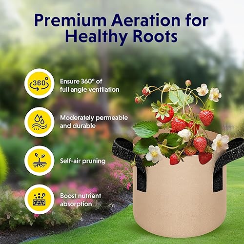 Vista 60 de iPower Grow Bags – Contenedor con aireación de tela no tejida gruesa, con asas de correa para plantas y macetas de jardín. Beige Bronceado