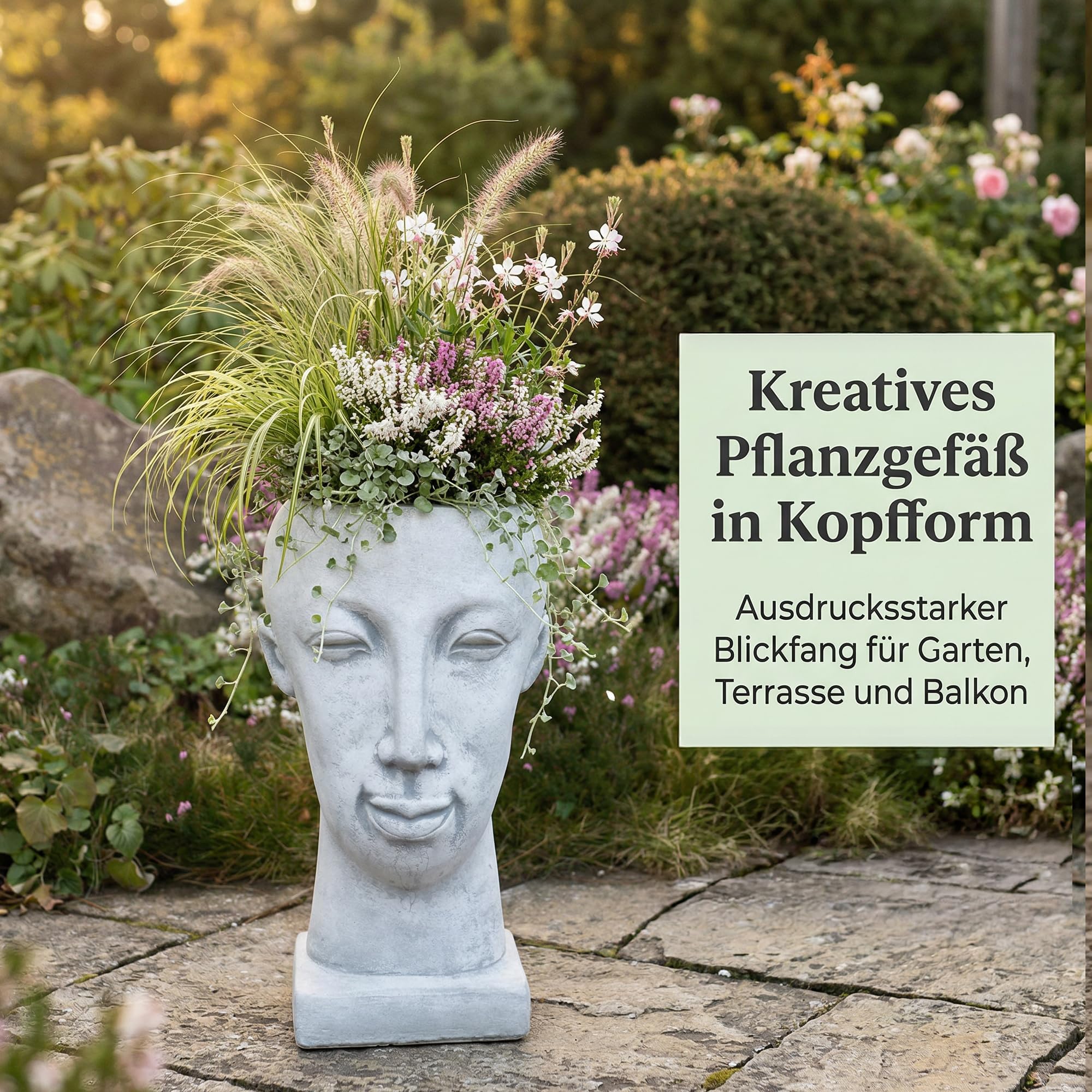 gartendekoparadies.de Blumentopf in Kopfform mit Gesicht, Pflanzgefäß aus Steinguss (Weißbeton), H 41 cm, Grau, frostbeständig bis -30°C, 2 l Volumen, 20 kg, Gartendeko für draußen
