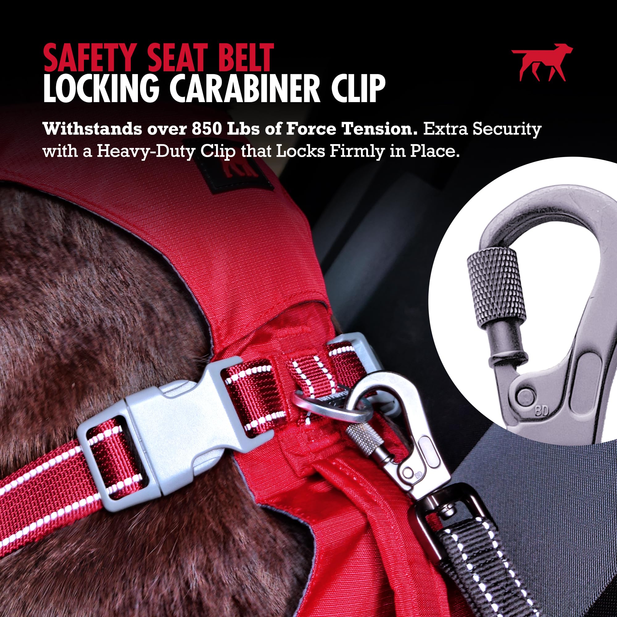 Tuff Pupper Ceinture de sécurité pour chien | Longueur réglable | Mousqueton de verrouillage anti-nœuds | Élastique absorbant les chocs | Coutures réfléchissantes pour plus de visibilité | Ajustement