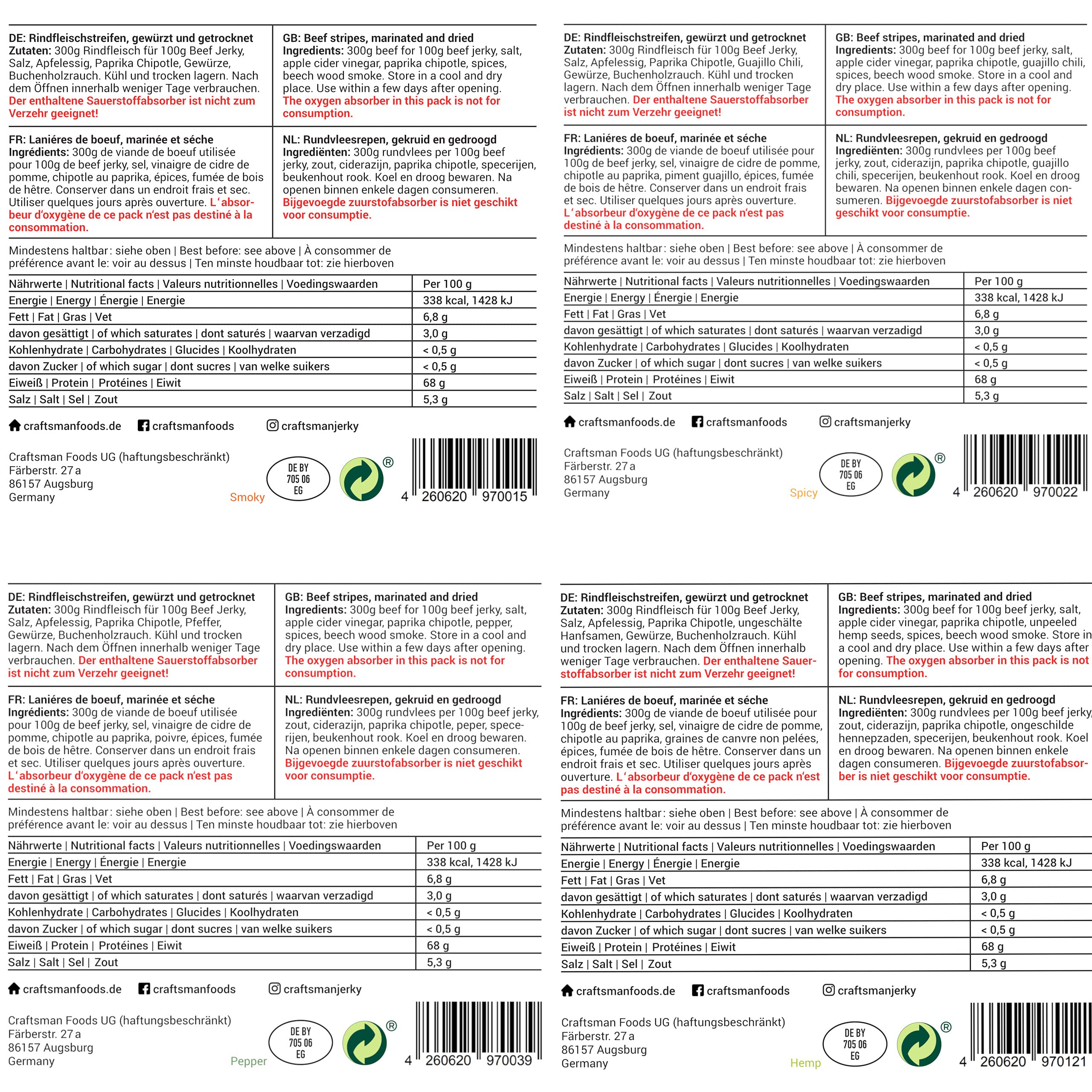 Craftsman Beef Jerky | Ohne Zucker | Set 4 x 250 g = 1 kg Probierpack | Aus Deutschland - Bayern | Dörrfleisch Mix | Protein 68% | Trockenfleisch | 100% Natürlich | Hanf Pfeffer Smoky Chili