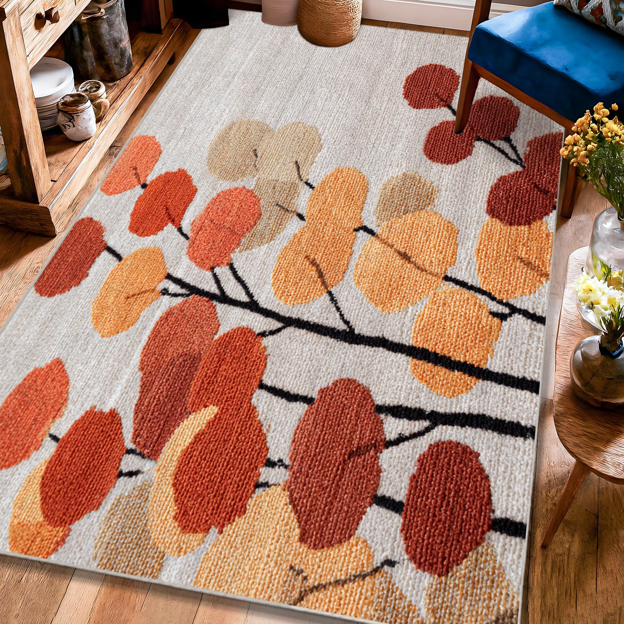 Tapis de sol avec motif de feuilles d'automne orange rectangulaire décoration salon 1,2x1,8 m